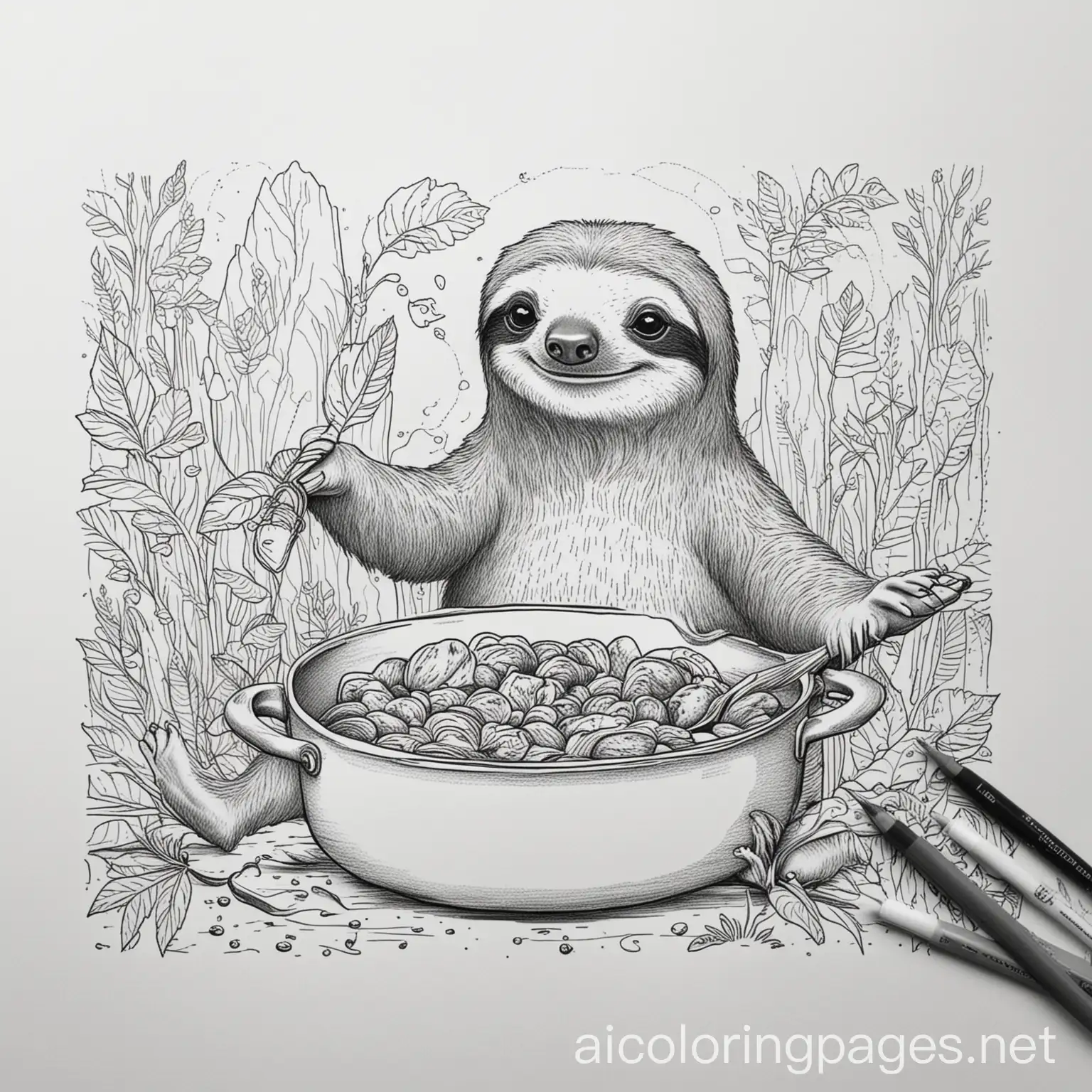 Sloths cooking, Coloring Page, black and white, line art, white background, Simplicity, Ample White Space. The background of the coloring page is plain white to make it easy for young children to color within the lines. The outlines of all the subjects are easy to distinguish, making it simple for kids to color without too much difficulty