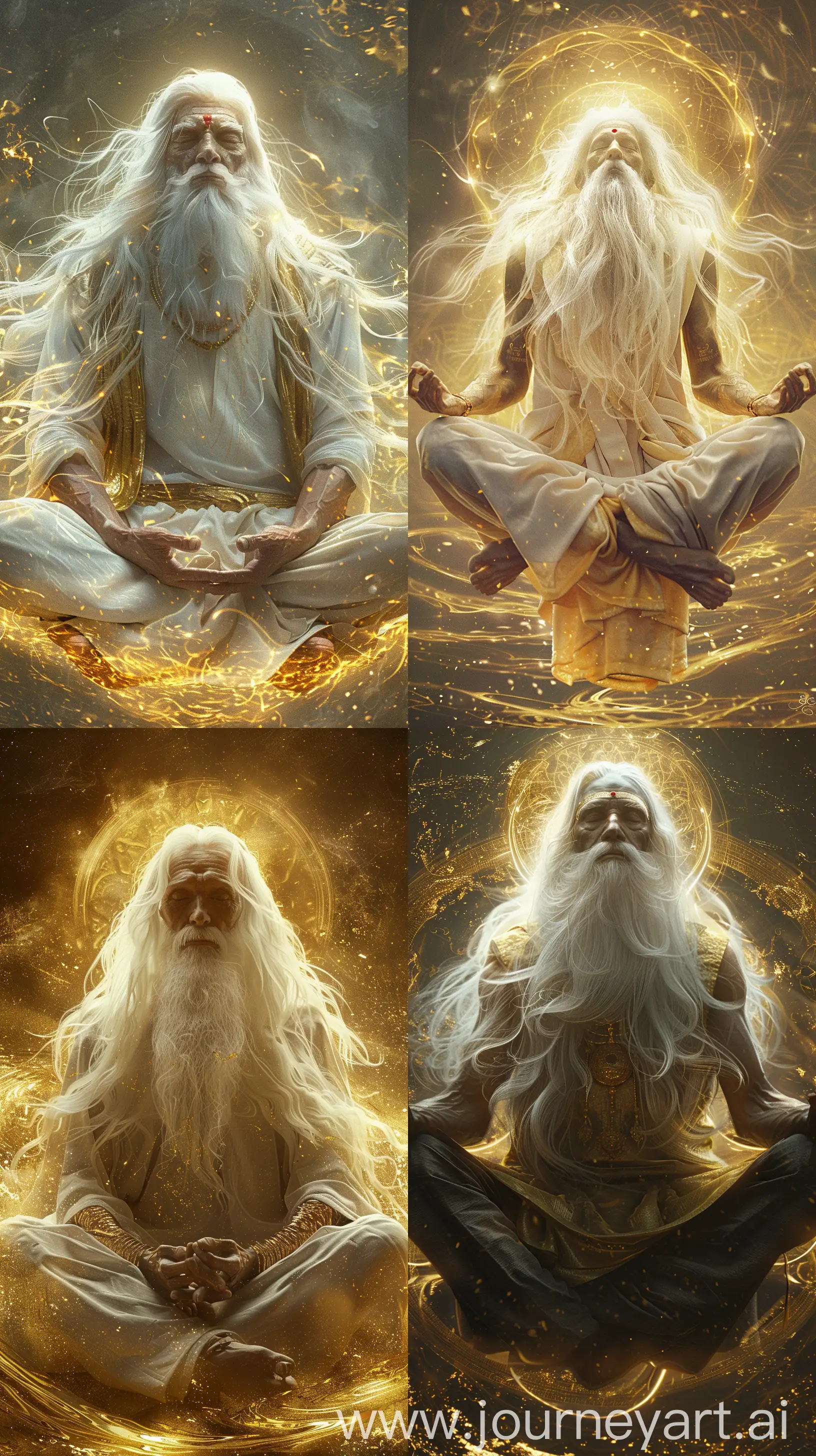 An ancient Indian sage, with long white hair and beard, slim not too muscular, in a meditative pose, seated and eyes closed, slightly floating in the air, golden aura around him, intricate details, serene background, 8k --s 200 --ar 9:16 --v 6