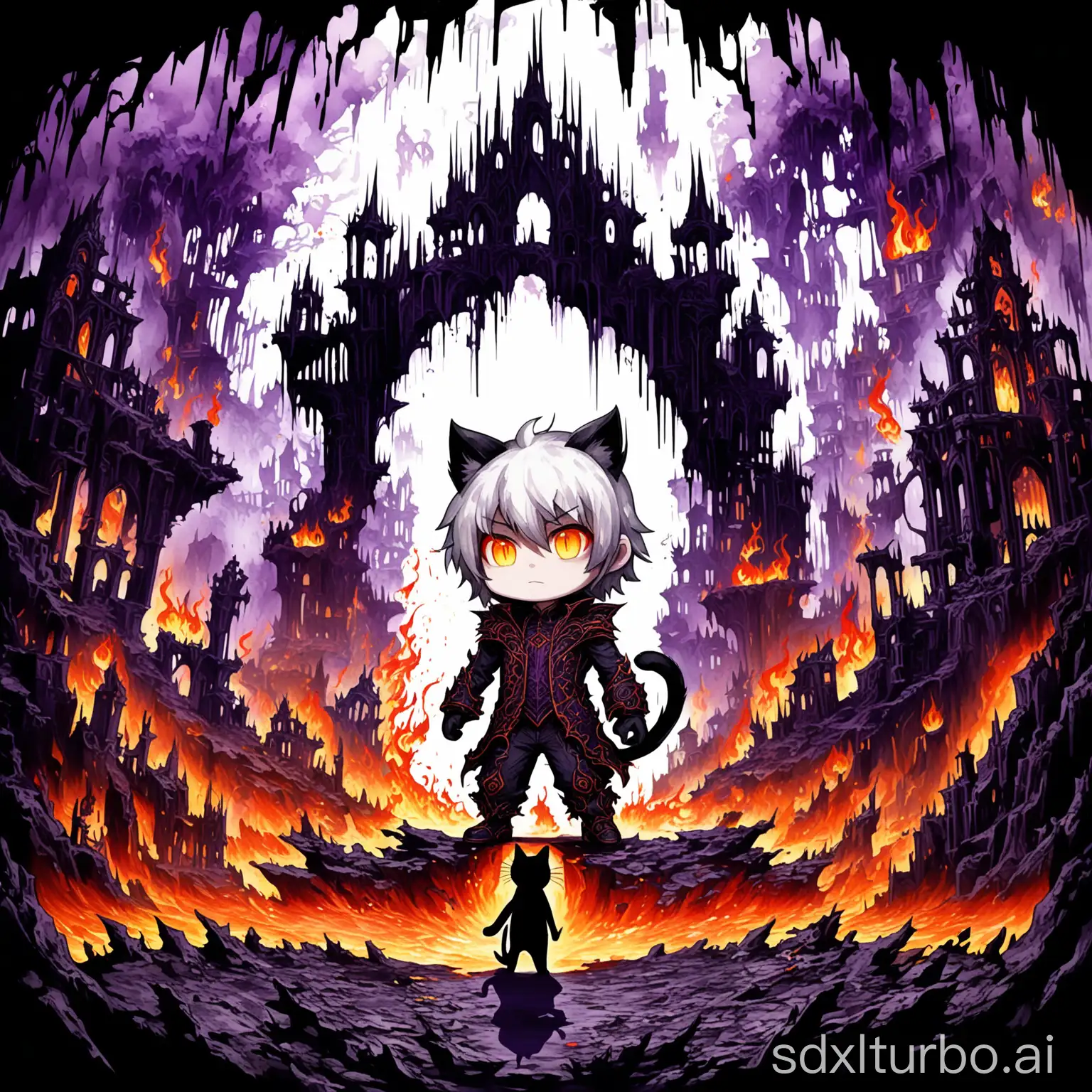 Chibi boy with cat ears and white hair, in a purple dungeon, with explosive animations, intricate shadows, detailed projections, Gothic elements, high contrast, rich colors, lush vegetation, floating islands, futuristic city, overgrown ruins, flames, lava, character close-up, focus, enlargement, emphasis on character scale, without green background, enhanced with stunning details, scene explosions, particle effects, ink, oil painting, watercolor fusion, correct lighting and shadow details, inspired by Ludongjun Russell Dongjun Lu's Gothic style.