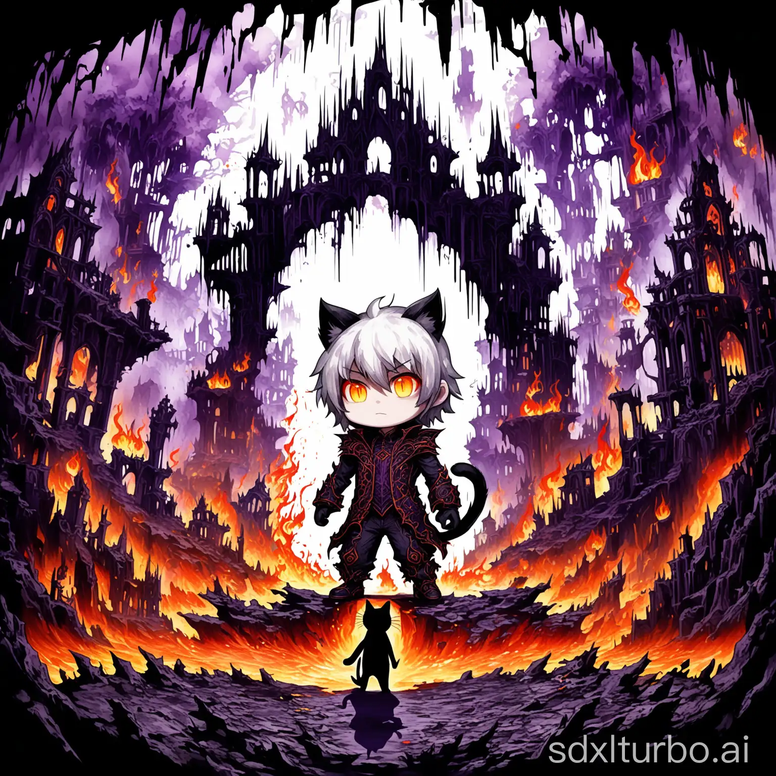 Chibi boy with cat ears and white hair, in a purple dungeon, with explosive animations, intricate shadows, detailed projections, Gothic elements, high contrast, rich colors, lush vegetation, floating islands, futuristic city, overgrown ruins, flames, lava, character close-up, focus, enlargement, emphasis on character scale, without green background, enhanced with stunning details, scene explosions, particle effects, ink, oil painting, watercolor fusion, correct lighting and shadow details, inspired by Ludongjun Russell Dongjun Lu's Gothic style. 
