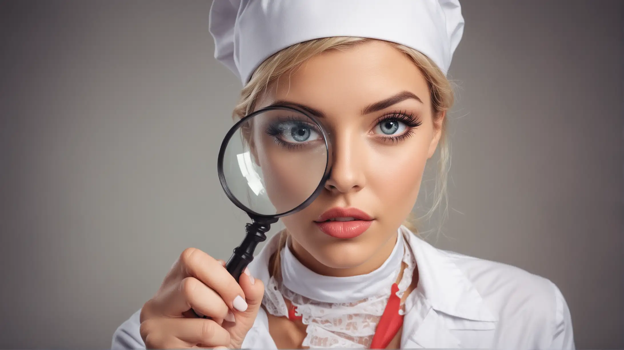Seductive Nurse Examining Patient with Magnifying Glass