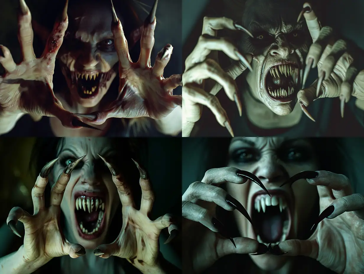 A photorealistic scene of a wild ugly monstruos vampire woman with extra long pointed fingernails, on each hands with five fingers, her mouth is threateningly open, and terrible teeth look like fangs, the vampire looks like she climbed out of the grave, her nails resemble the claws of a predators.scene inside darkness room,hyper-realism, cinematic, high detail, photo detailing, high quality, photorealistic, aggressive, dark atmosphere, realistic, the smallest details, detailed nails, horror, atmospheric lighting, full anatomical, photorealism, detailed, textured, dark, haunting, night-time scene, intense, creepy, undead, spooky, eerie, atmospheric lighting, nightmare, grotesque, terrifying, realistic anatomy, human hands, very clear without flaws with five fingers.