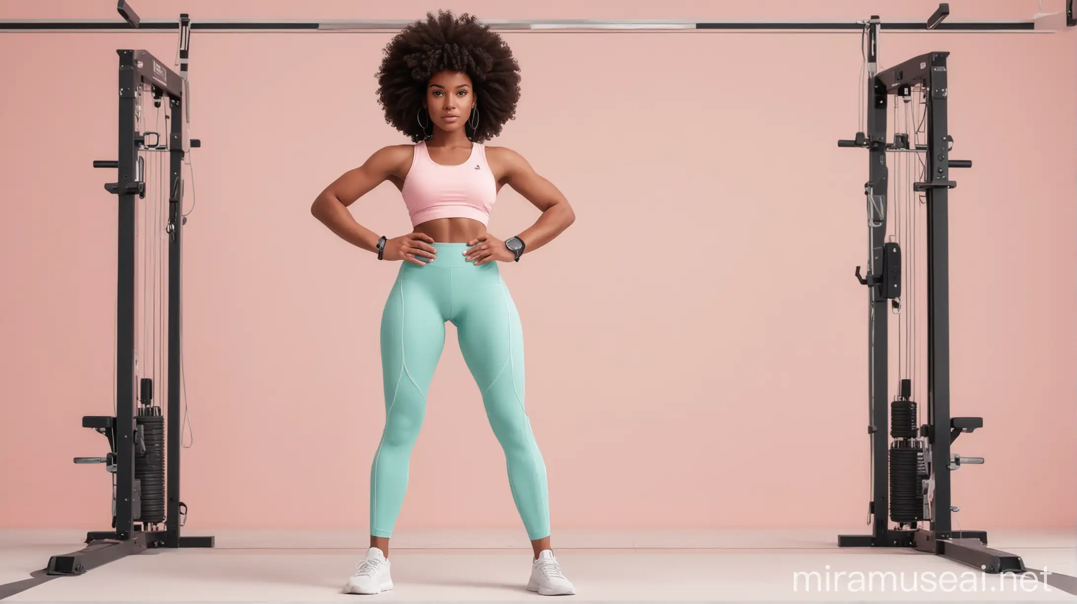 afro girl full body in the gym vector  simple lines, thick lines, simple line logo, 2d, flat, white background, soft pink, light blue, and mint green accents