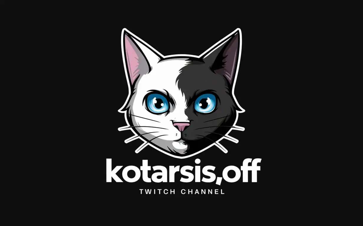 Логотип "Kotarsis_off" для Твич канала 
Нарисованный Кот у которого левая половина лица белая, а правая чёрная, с Голубыми глазами 