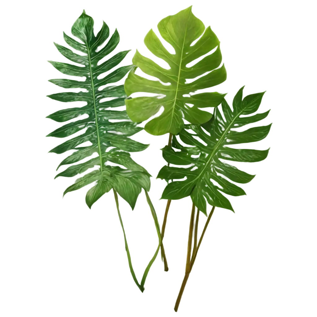 Lush green tropical plants bush (monstera, palm, rubber plant, pine and fern), cut out