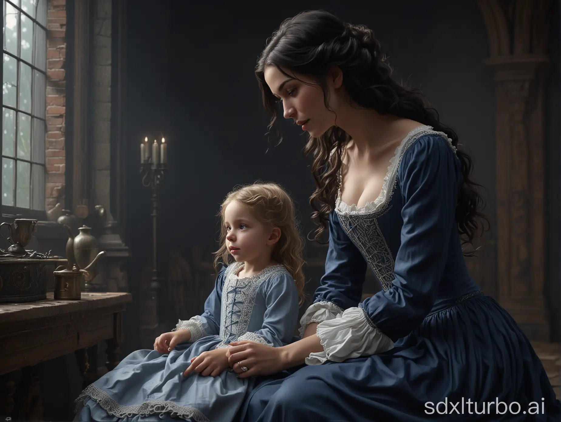 A beautiful young woman in her twenties, with long black hair, slightly curly at the ends, wearing a medieval dark blue dress with a deep bodice   and long sleeves squats and talks with a standing (((((little boy))))) of about five with (((blond wavy hair))), in a white shirt with a jabot and blue pants. perfect composition, beautiful detailed intricate insanely detailed octane render trending on artstation, 8 k, photorealistic concept art, soft natural volumetric cinematic perfect light, chiaroscuro,  masterpiece, greg rutkowski 