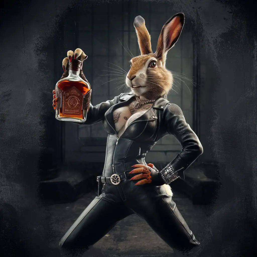 Anthropomorphic-Female-Hare-in-Biker-Leather-Suit-with-Antique-Whiskey-Bottle