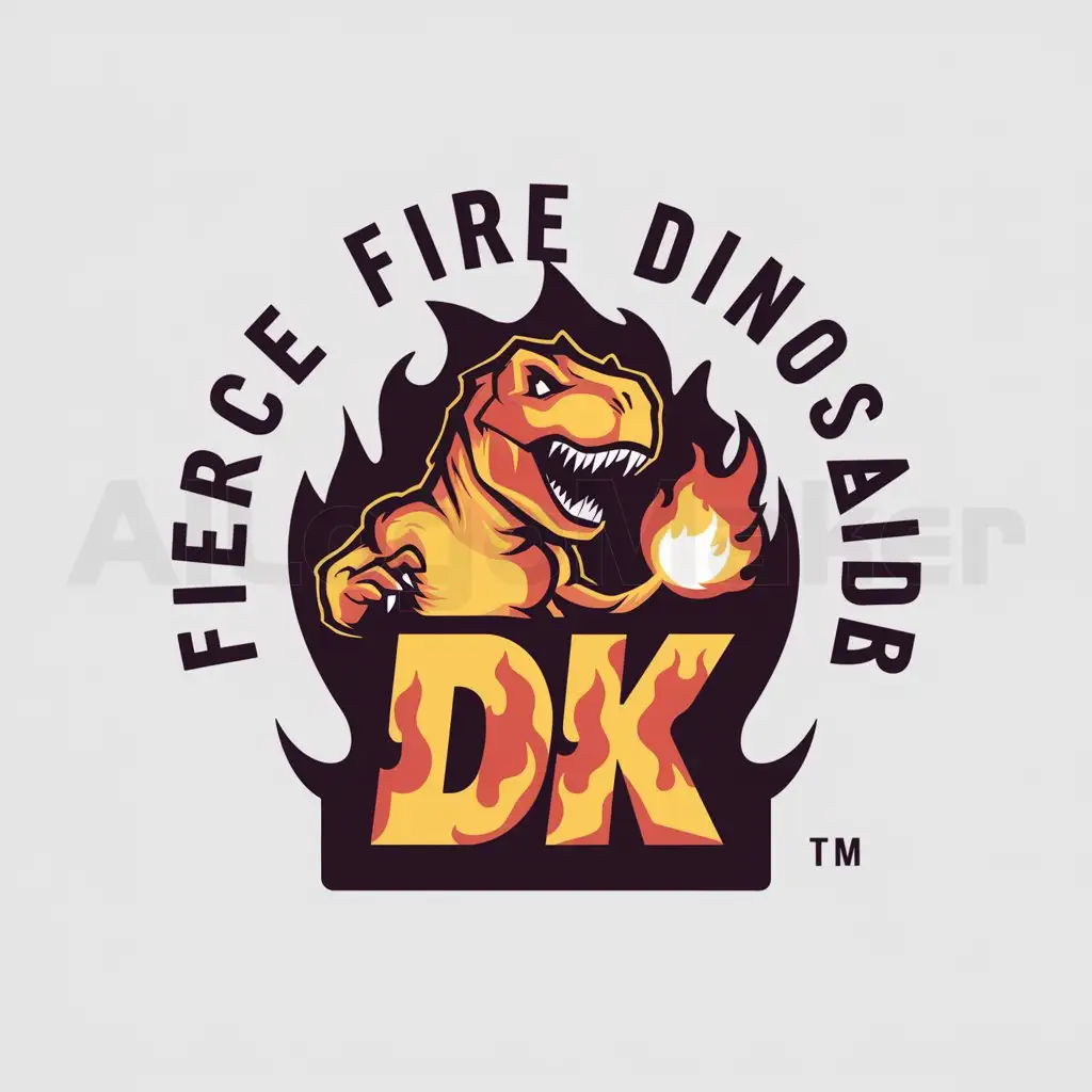 a logo design,with the text "Fierce fire dinosaur spews flame and not written on the flame is DK", main symbol:Firenty dinosaur,Moderate,clear background
