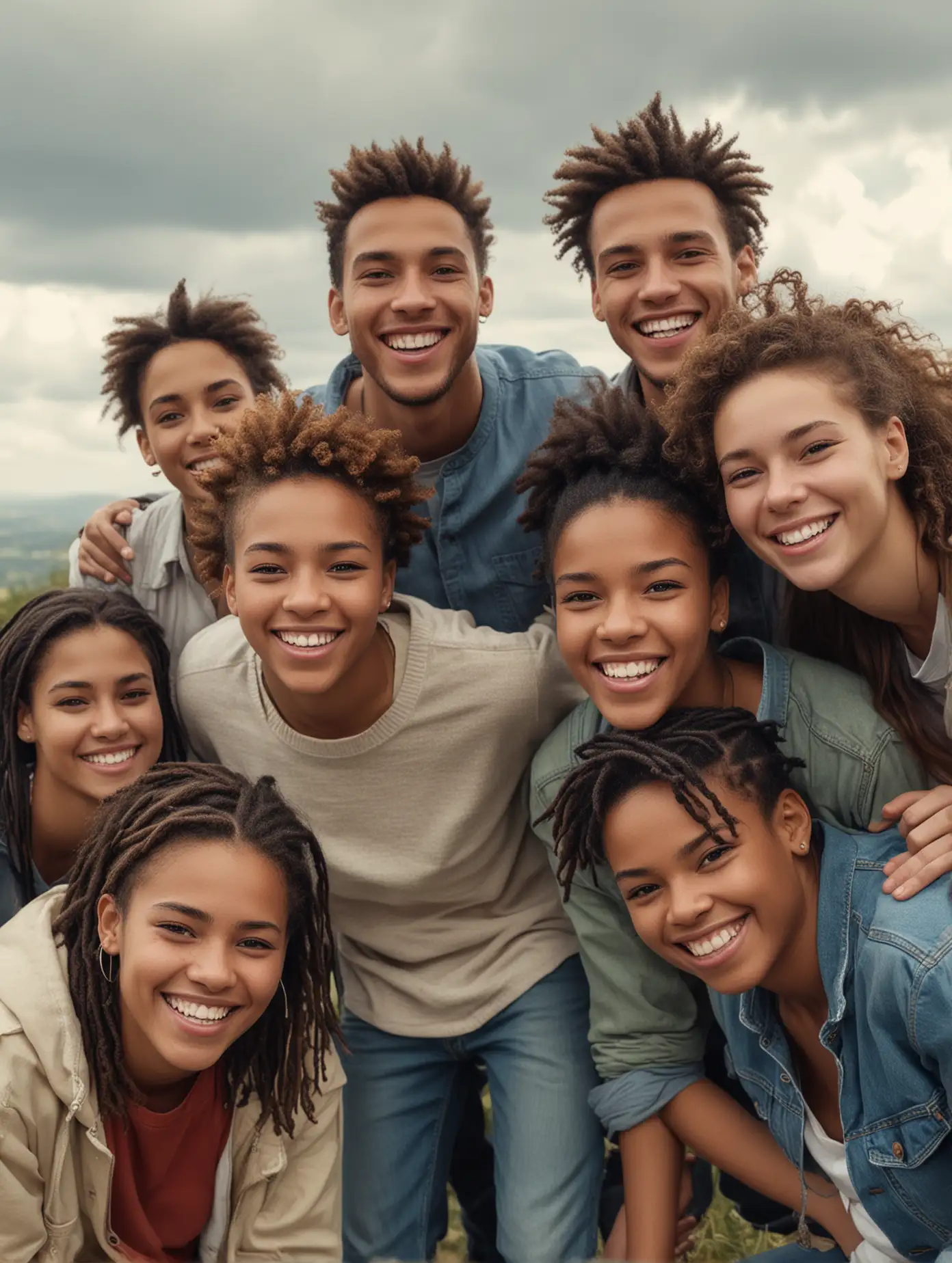 a group of diverse christian young people, smiling and laughing photo realistic, at the top of a hill, canon 85mm