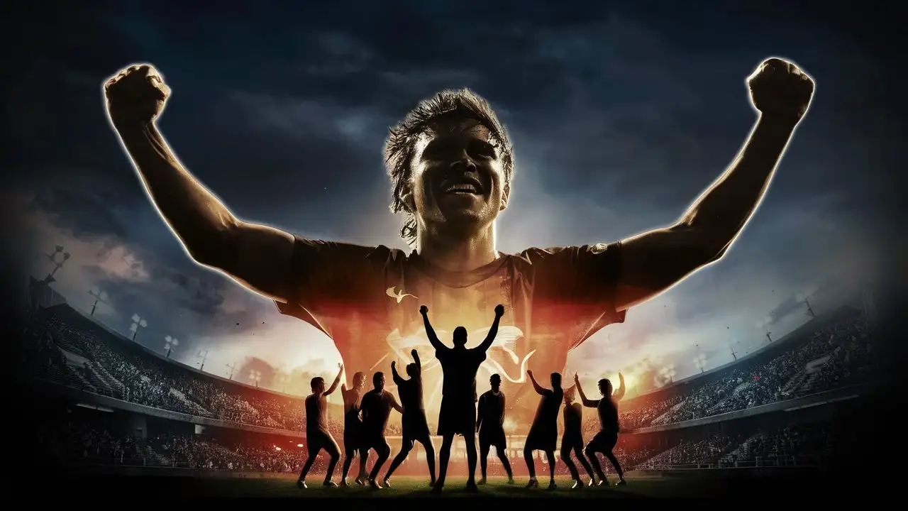 Silhouette of Sports Player Celebrating Victory with Both Arms Raised