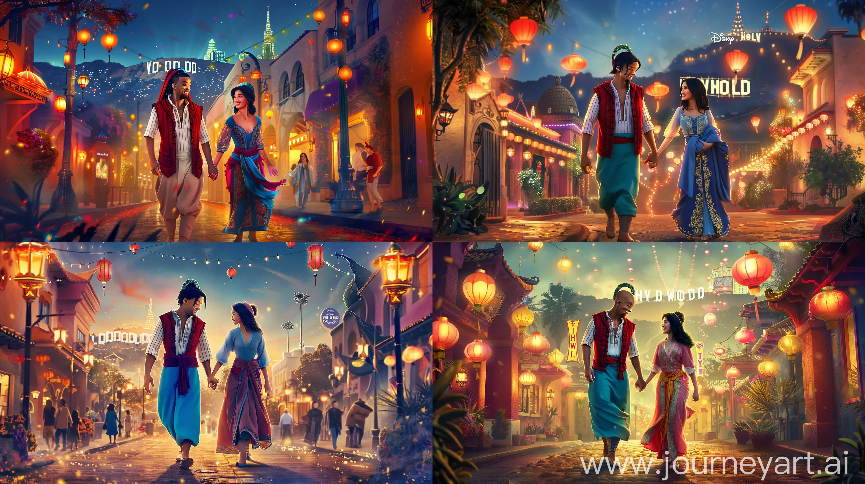 Aladdin and Mulan, depicted as animated characters, walking hand in hand through a whimsical version of Los Angeles. The streets are adorned with magical lanterns, and iconic landmarks like the Hollywood sign and the Griffith Observatory can be seen in the background. The couple shares a sweet and affectionate moment, radiating happiness and love. Created Using: vibrant colors, Disney-inspired animation style, enchanted atmosphere, dreamy lighting, detailed backgrounds, expressive character poses, hd quality, natural look --ar 16:9 --v 6.0