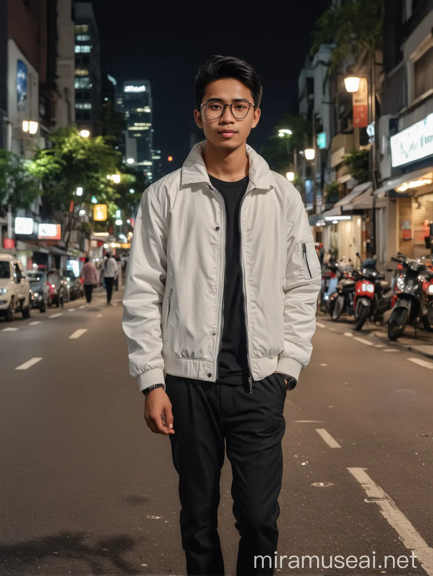 a handsome 23 year old Indonesian young man, wearing a jacket, photochromic glasses, black trousers and white shoes.  he took a photo while walking on the streets of Jakarta at night, high quality, 8K HD quality, original photo.
