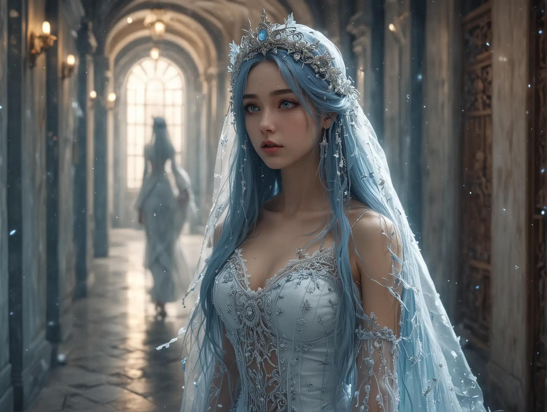 Elegant-Anime-Woman-in-White-and-Blue-Dress-Walking-in-Antique-Corridor