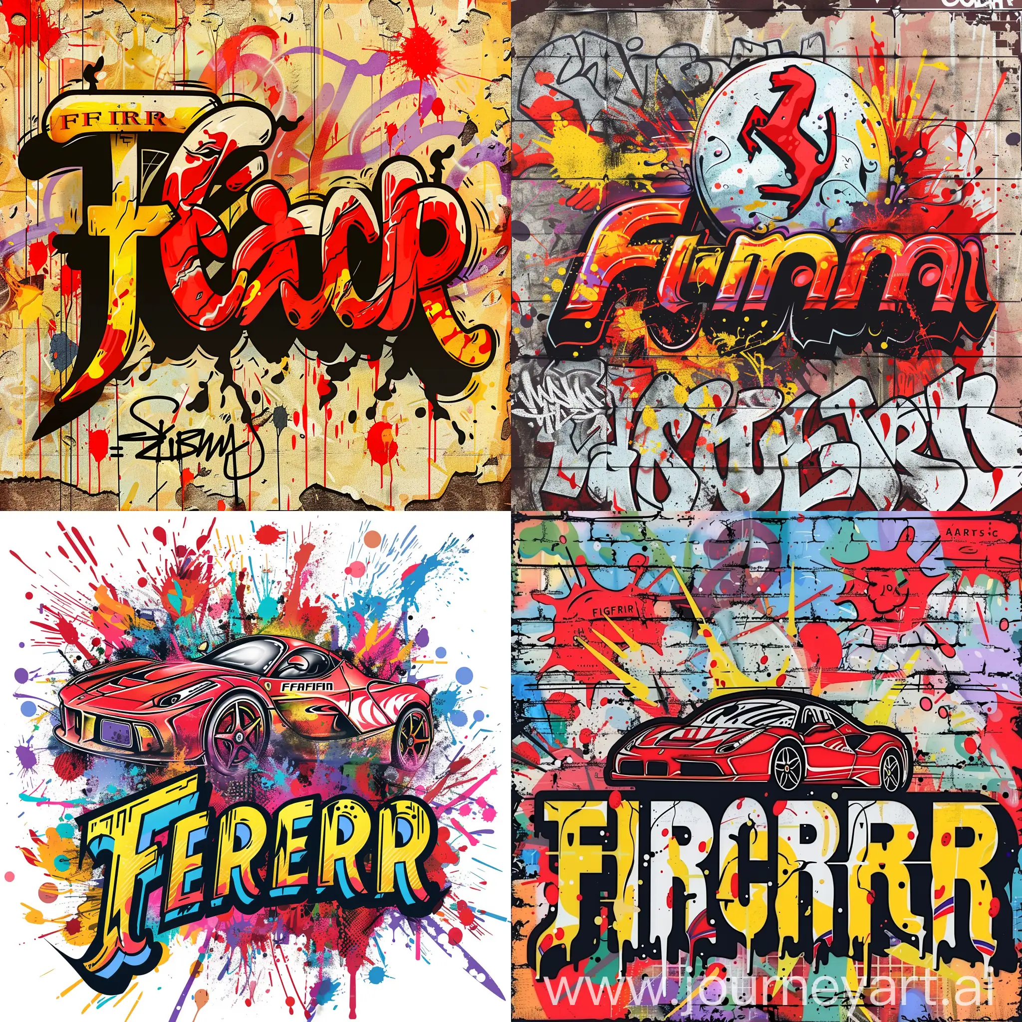 Steert urban style, flat vector illustration graffiti, of ferrari logo , graffiti,vibrant, urban street art style, detailed, random graffiti Texts, paint splash and graffiti text saying 'Ferrari' 