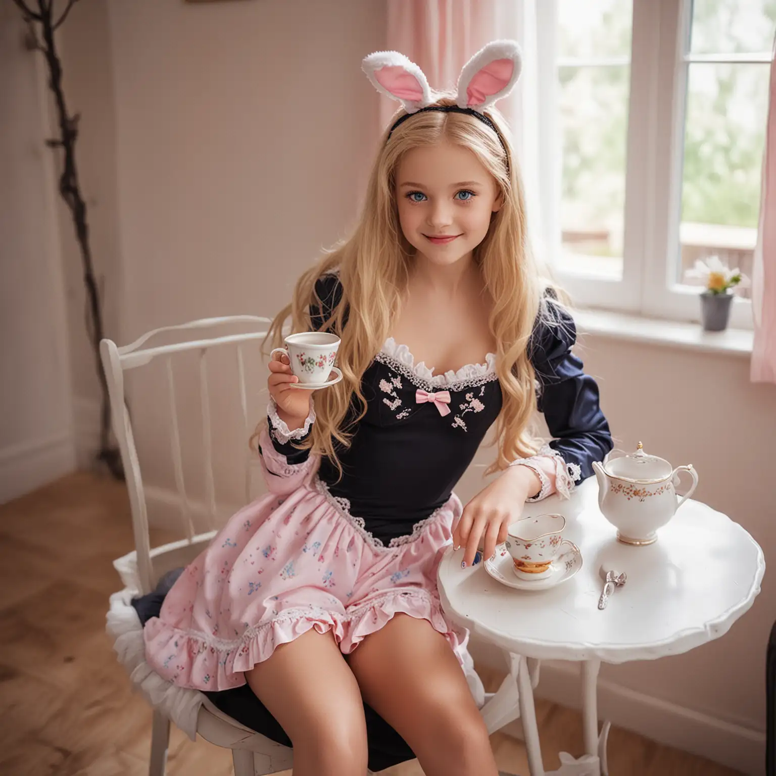Dreamy Chelsea in Bunny Girl Outfit Sipping Tea