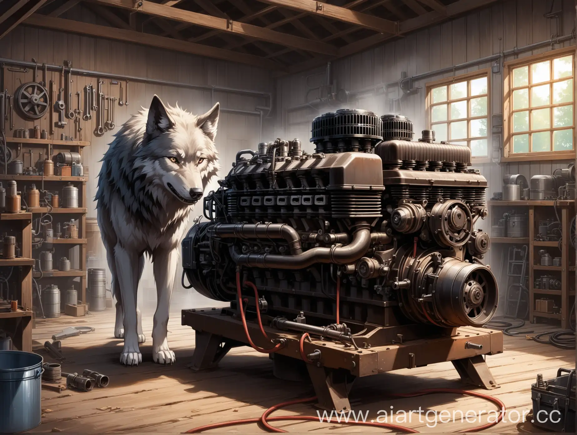 волк собирает мотор в старом гараже 
