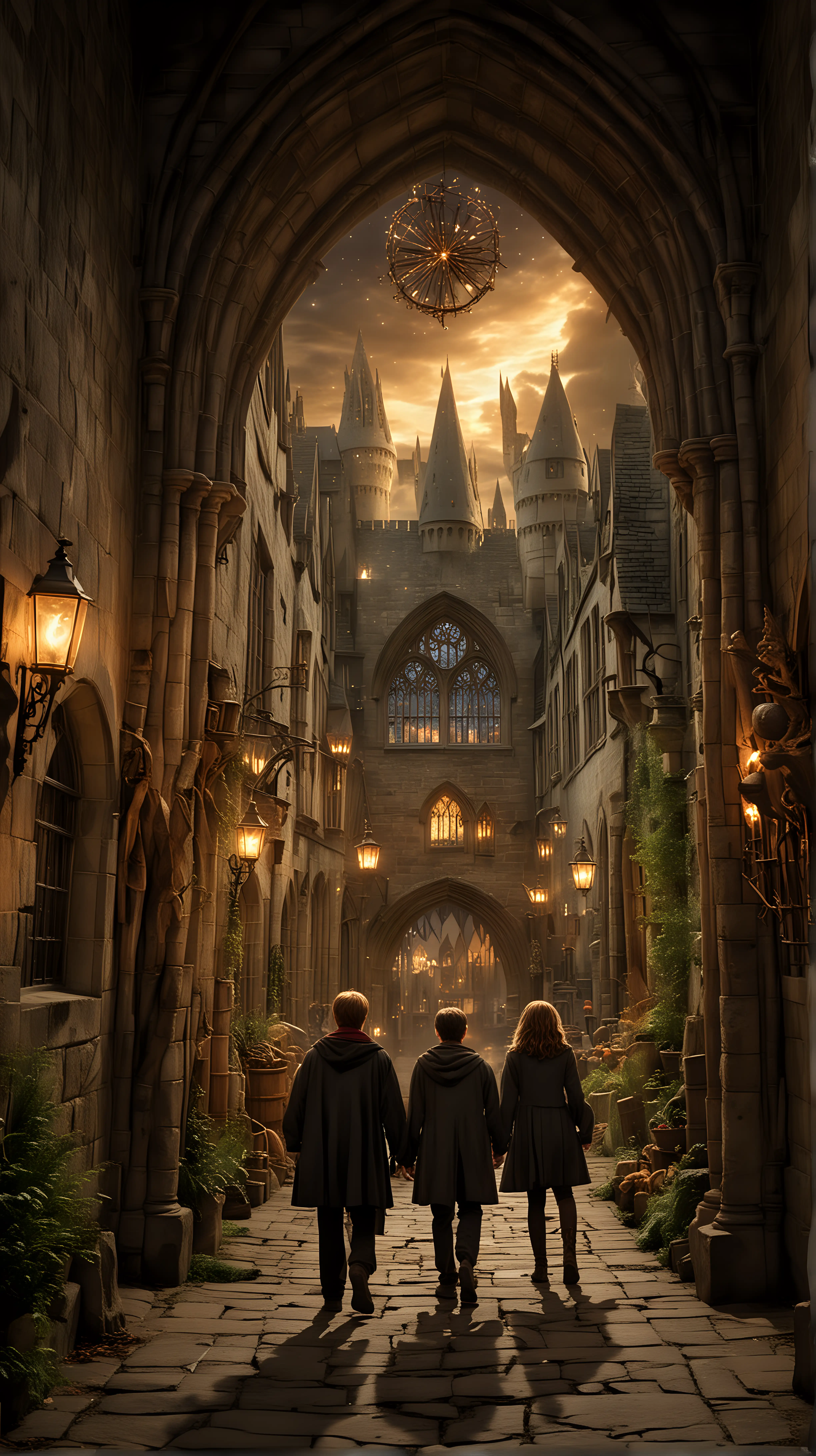 The main image showcases Harry Potter, Hermione Granger, and Ron Weasley standing side by side, facing the camera with smiles on their faces and a sense of determination in their eyes. They are positioned in the foreground, with Hogwarts School of Witchcraft and Wizardry looming majestically behind them. The trio is framed by the grand entrance of Hogwarts, its towering stone walls adorned with magical carvings and glowing torches. Behind them, the Great Hall's windows shimmer with warm light, hinting at the bustling activity within. The enchanted grounds of Hogwarts spread out around them, with the Quidditch pitch, Forbidden Forest, and Black Lake visible in the distance. In the sky above, the stars twinkle brightly, casting a magical glow over the scene. The title "Harry Potter" is displayed prominently across the bottom of the image, inviting viewers to join Harry, Hermione, and Ron on their unforgettable adventures.
