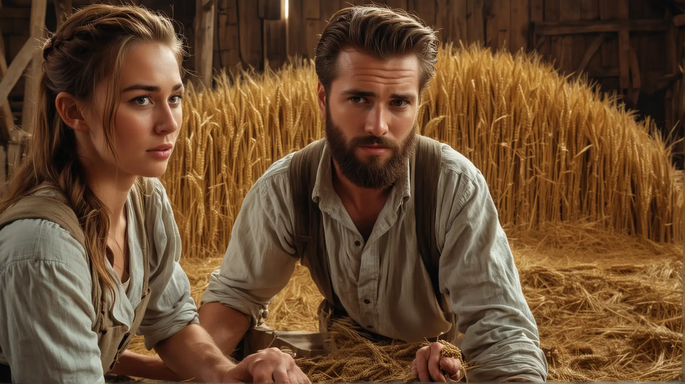 a Close-up of a handsome man with a beard threshing the wheat on a barn floor.  And in the background an attractive young woman sitting down watching him. Set during the biblical era of Moses