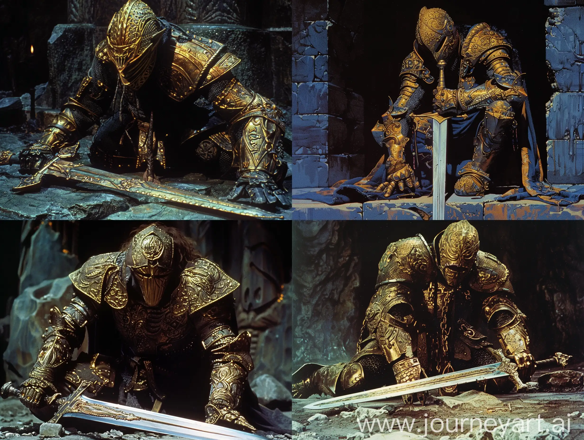 Screenshot from the 1986 Labyrinth DVD, scene of a strong knight, with his sword on the ground. His armor had golden details, he wore a golden mask that covered his entire face. 1980's illustration dark fantasy.