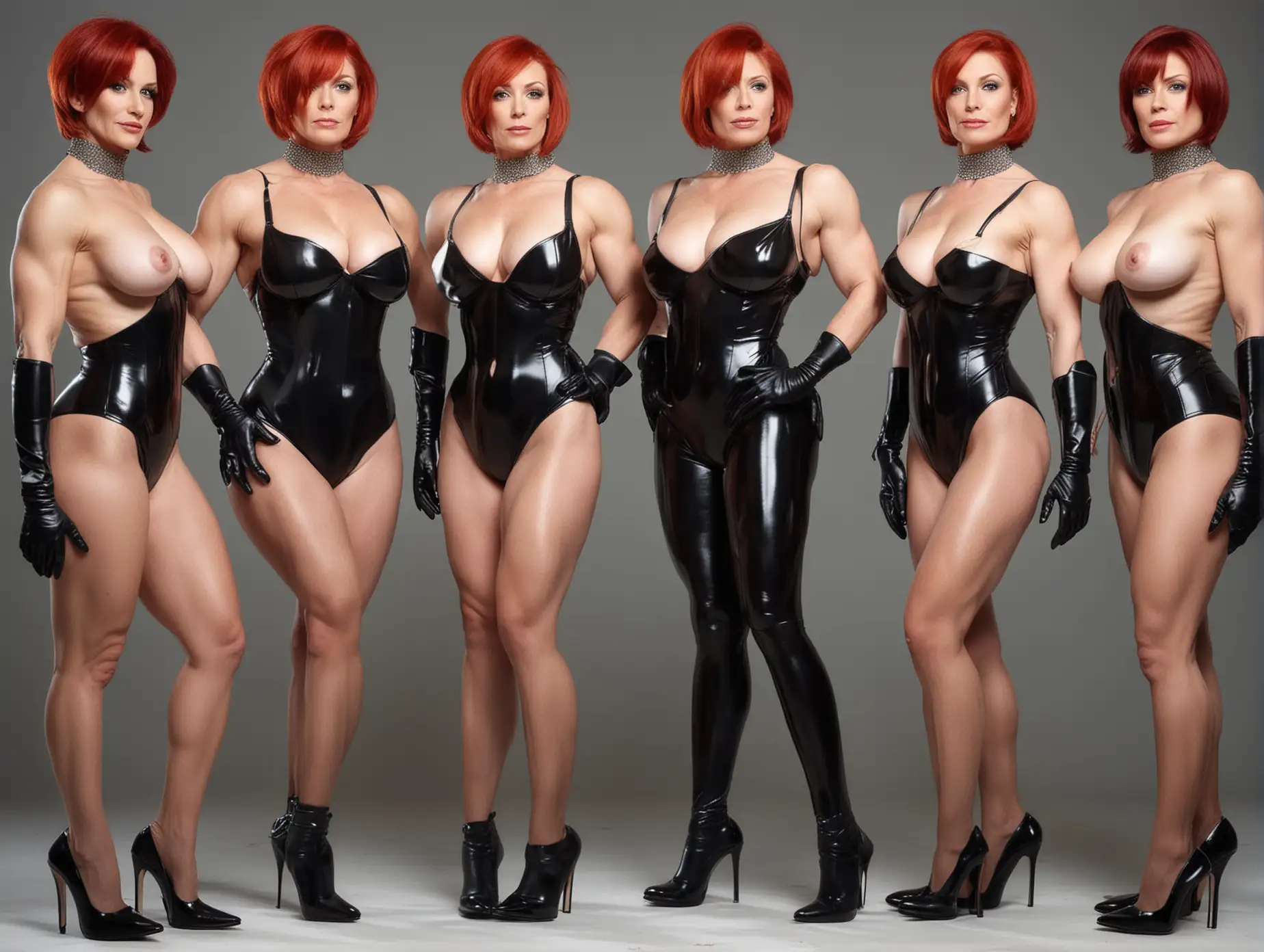 Four fully nude female bodybuilders, overall view, 50 years old, standing on very high heels, black high heels, standing in a studio, white skin, luscious red hair, short haircut 'Bob', with a side parting, long slender neck, gigantic breasts, enormous hips, huge genitals, very long legs, little black gloves, blue eyes, serious face expression.