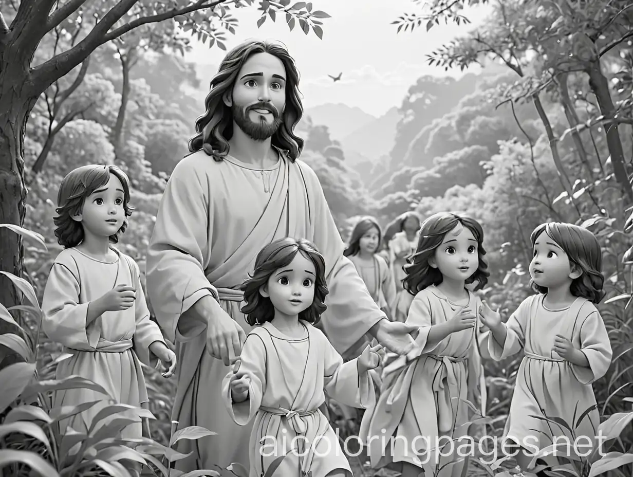 Jesus in nature showing little children, Coloring Page, black and white, line art, white background, Simplicity, Ample White Space. The background of the coloring page is plain white to make it easy for young children to color within the lines. The outlines of all the subjects are easy to distinguish, making it simple for kids to color without too much difficulty