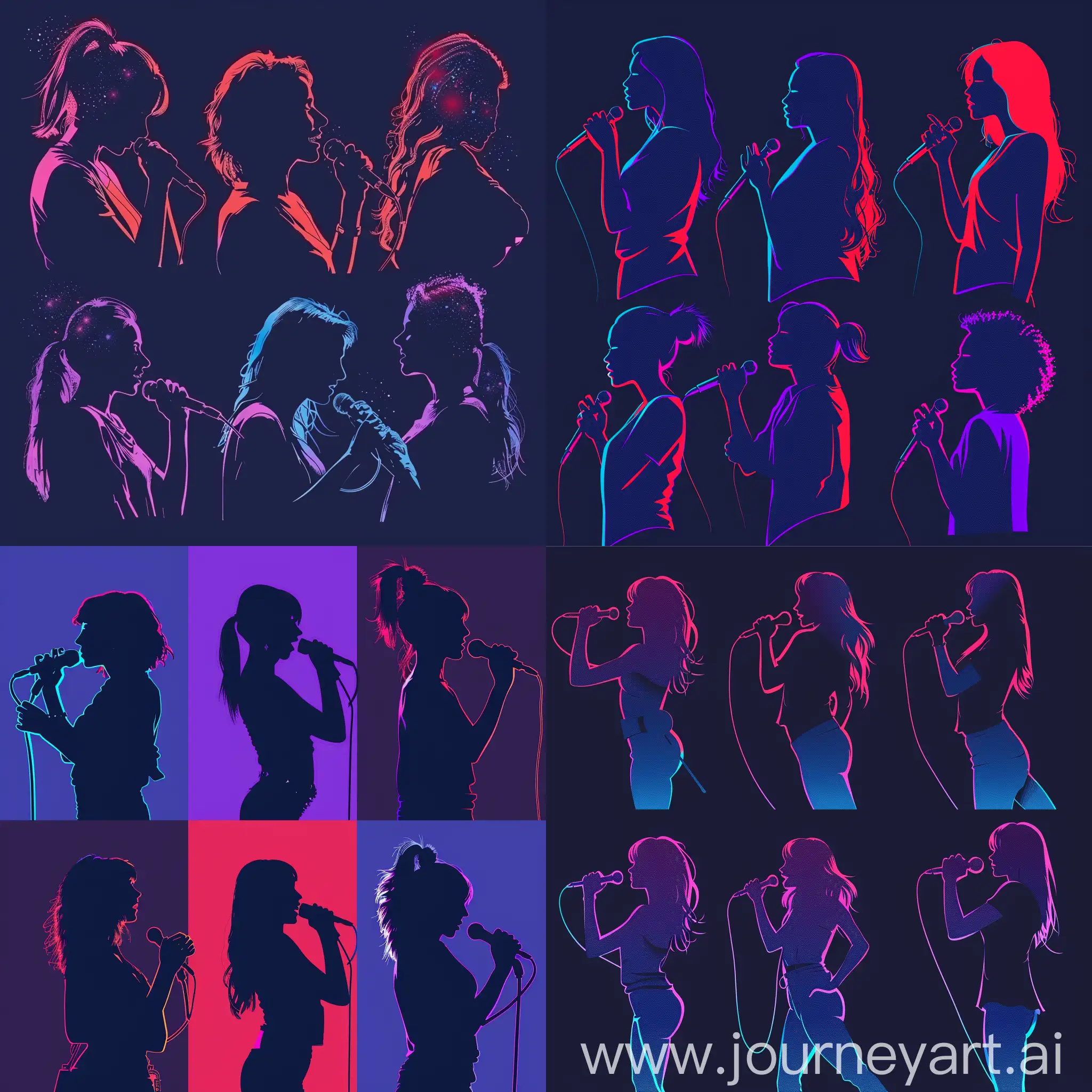 Female silhouettes with microphones, evening, poster, jazz, six girls, concert, vocals, blue, purple, red, neon