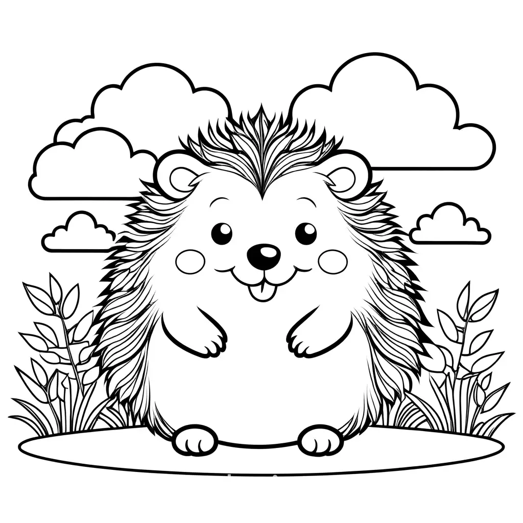 happy cute hedgehog animal with clouds in background, Coloring Page, black and white, bold line art, white background, Simplicity, Ample White Space. The background of the coloring page is plain white to make it easy for young children to color within the lines. The outlines of all the subjects are easy to distinguish, making it simple for kids to color without too much difficulty, Coloring Page, black and white, line art, white background, Simplicity, Ample White Space. The background of the coloring page is plain white to make it easy for young children to color within the lines. The outlines of all the subjects are easy to distinguish, making it simple for kids to color without too much difficulty