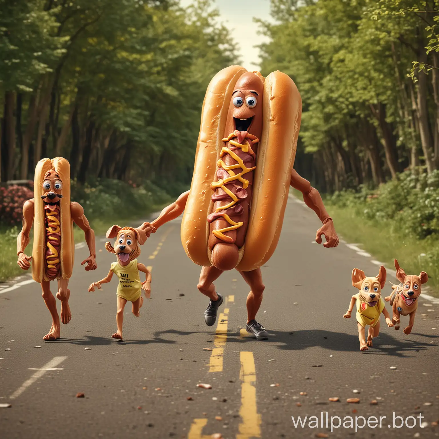 hotdog family running from hungry giant man