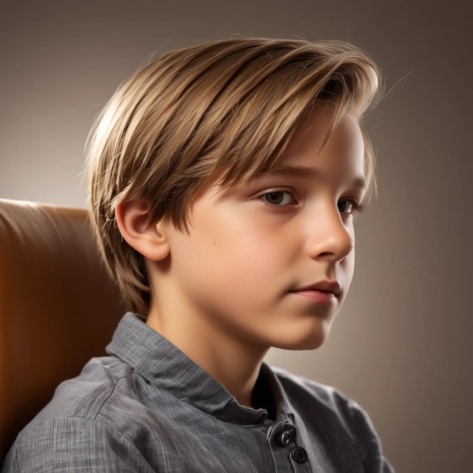 Hyper realistic photo of eleven year old boy, close up smooth, neatly combed, straight, flat, shiny light brown, with highlights, shoulder length hair, parted on side, resting in chair bright light overhead, close up, profile view 