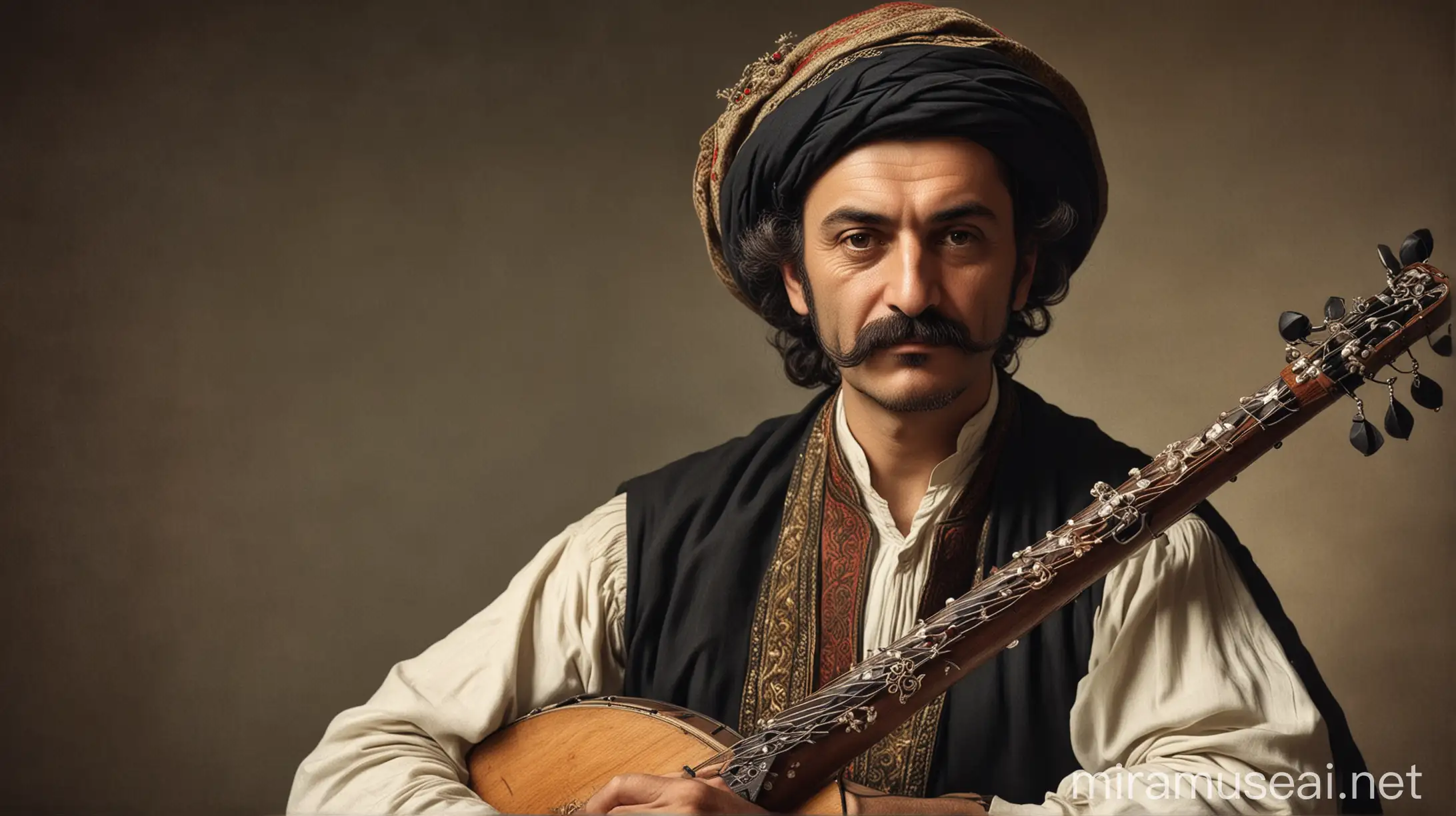 A Turkish poet of the 17th century with a scalpel mustache and a Turkish saz in his hand.