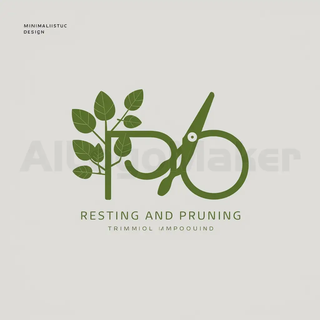 a logo design,with the text " To translate based on the given process:

1. The input is not in English.
2. Translate the input into English: "Resting and pruning" (This is a literal translation of the Chinese phrase 泊枝剪叶, which metaphorically means to take a break and make minor adjustments or improvements.)

Output: "Resting and pruning"", main symbol:green leaves, branches, using the character 'po' to make a scissor,Minimalistic,clear background