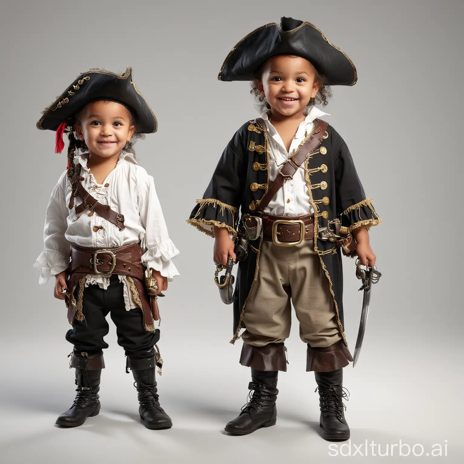 2 kids, one is black and the other is white, dressed as pirates, they are happy and having a good time, cute, on a plain white background. This is a full body photo realistic high resolution image with sharp clean subject focus