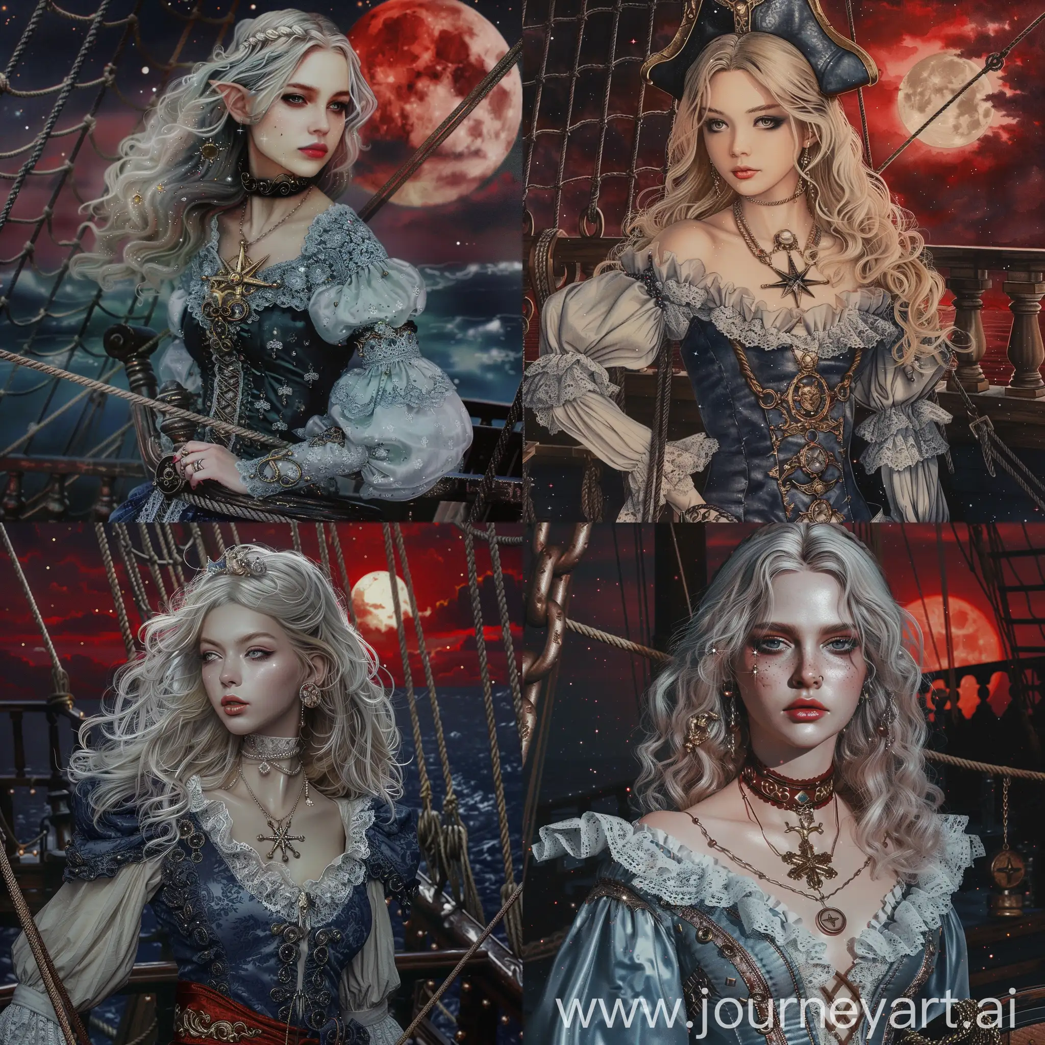 high quality, super realistic, pirate, a blond grey eyes 20-year-old Pirate Maiden with a celestial beauty rivaling the stars, Picture her poised at the helm of a grand pirate ship, her silhouette defined against the shimmering night sky of a crimson moon, The vessel itself is a maritime masterpiece, adorned with intricate carvings, polished brass embellishments, and an array of mystical symbols, The Scarlet Moonlit Pirate dons a resplendent ensemble blending midnight blues with silvery hues, adorned with delicate lace and glistening gemstones, A star-like pendant gracefully hangs around her neck, emphasizing her bewitching aura, by yukisakura, high detailed,, Watercolor, trending on artstation, sharp focus, studio photo, intricate details, highly detailed