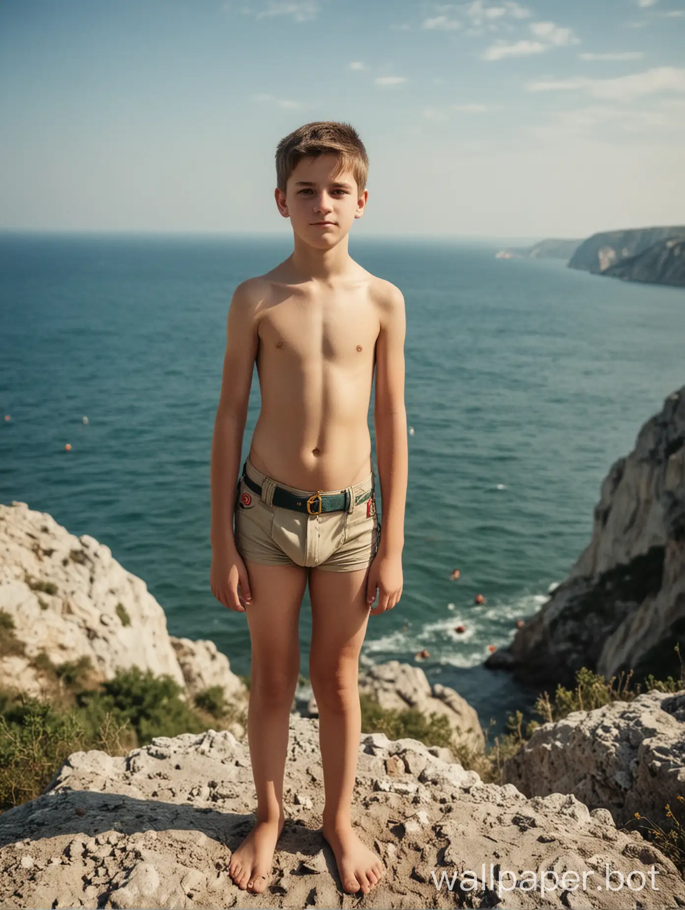 Крым, вид на море, мальчик-скаут 13 лет, в полный рост, в трусиках