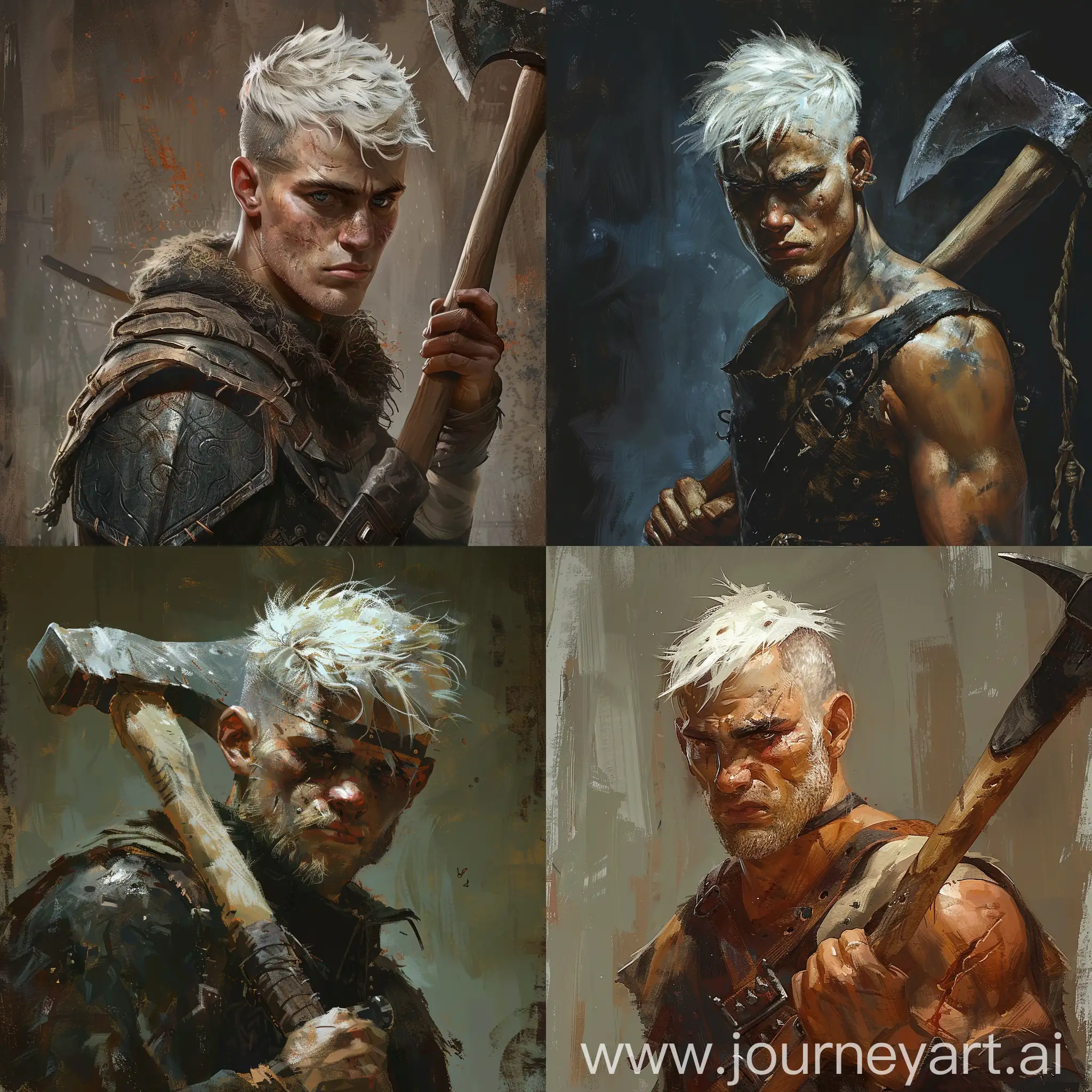 Warrior, menacing face, young, small beard, white hair, man, ax in right hand