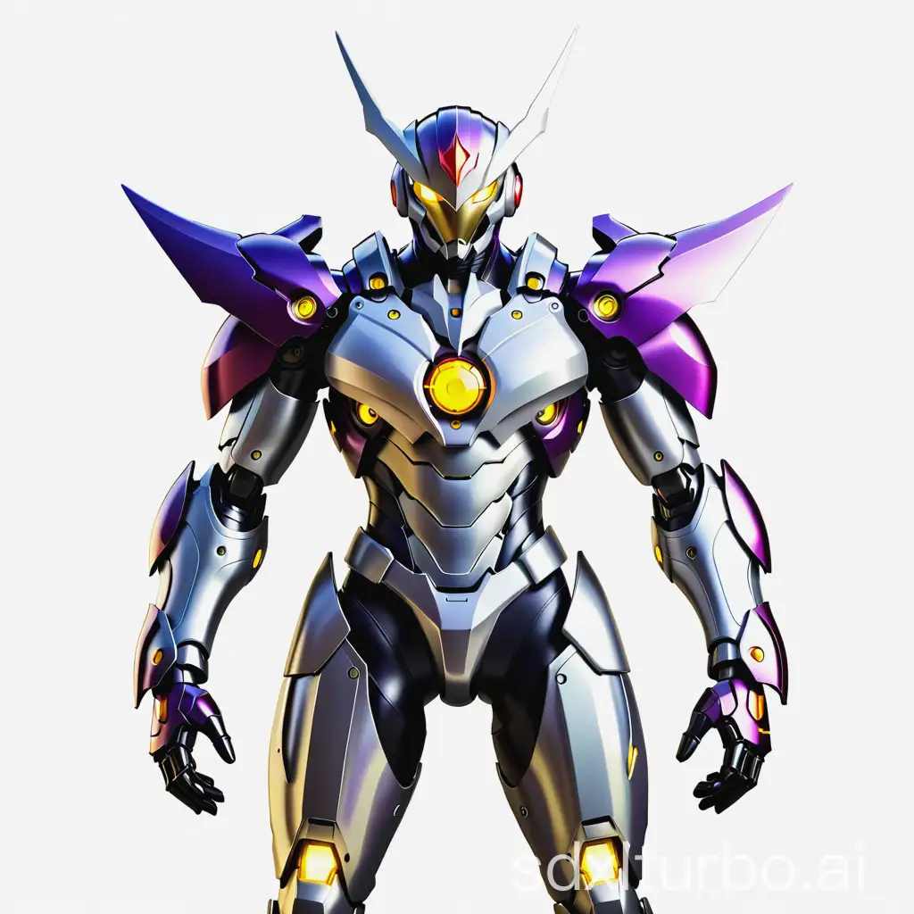 An Ultraman-style mecha robot, battle mode, blank background, purple mecha, silver armor, black tights, yellow glowing eyes, and 2 horns.