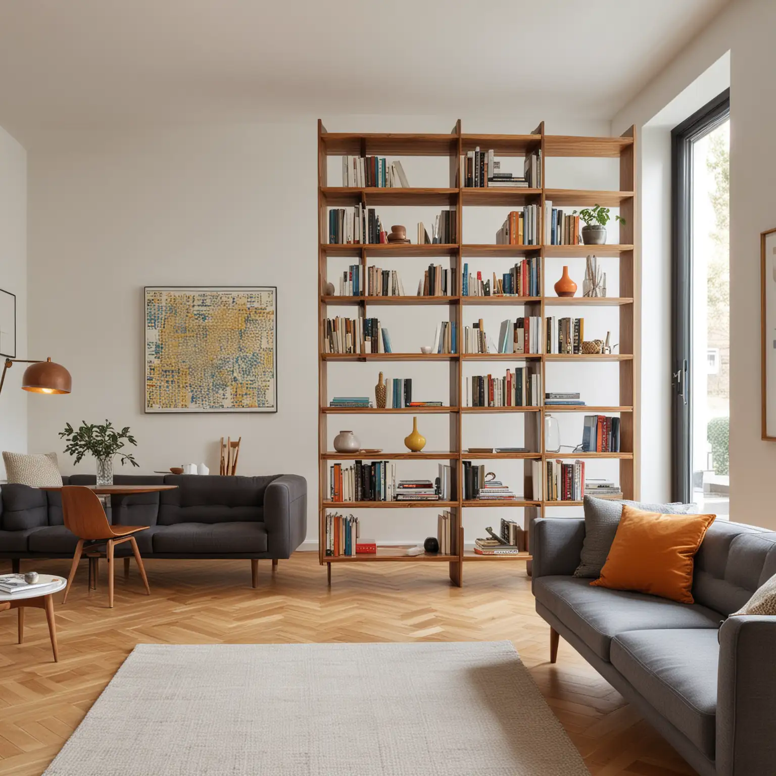 design a midcentury style bookshelf that is 20cm wide and 50cm long  and to the ceiling as a wall partition type bookcase to seperate two parts of the living room

