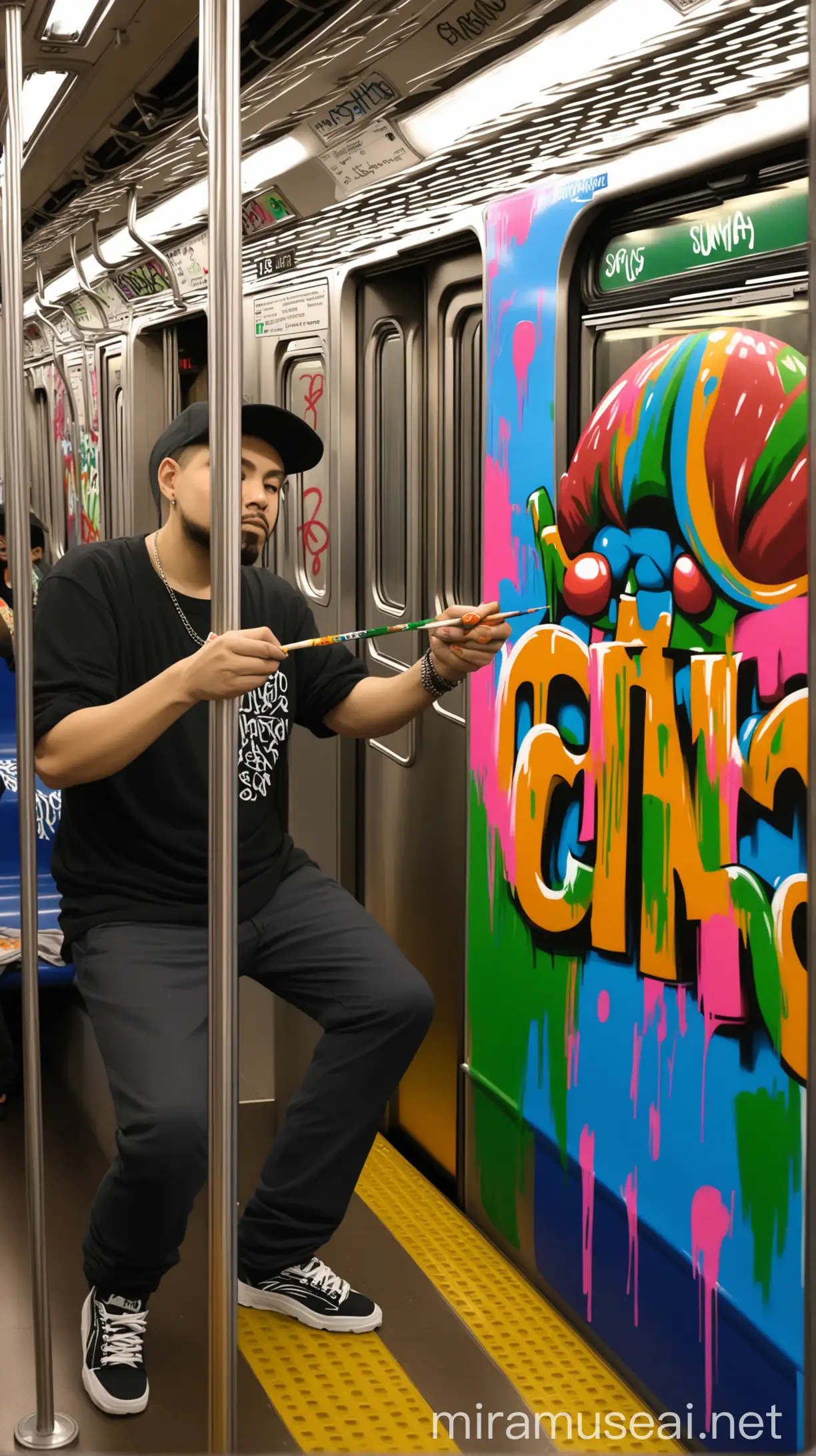 graffiti writer painting cinco de mayo on a subway train