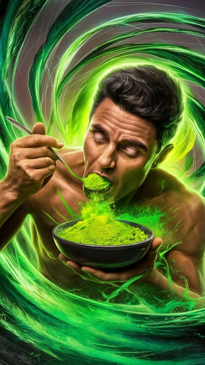 A dynamic format of a man feeding a spoon full of this vivid green like powder substance from a bowl in front of him and his body receiving lots of natural energy. 








