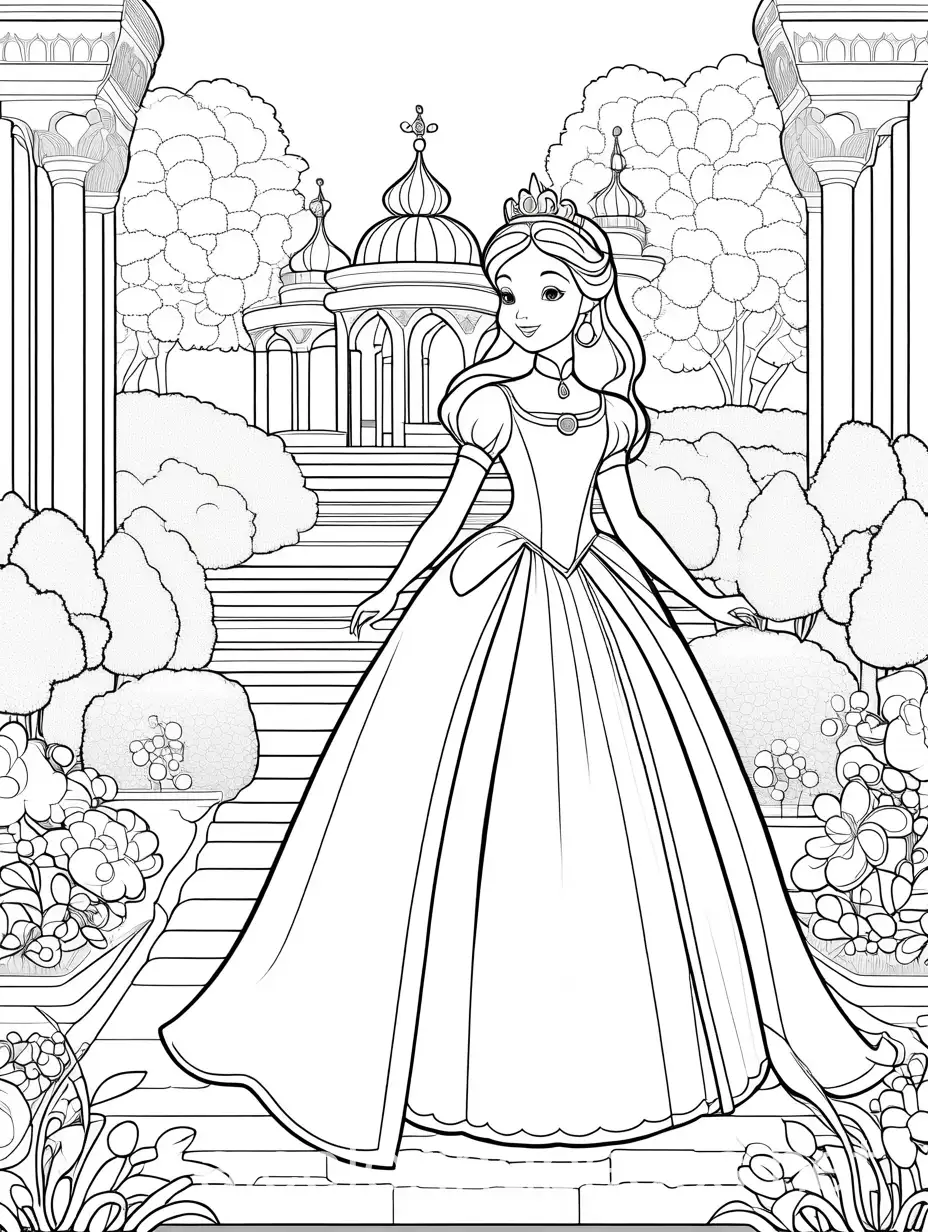 coloring book page for kids of Princess strolling through a royal garden, cute, Coloring Page, black and white, line art, white background, Simplicity, Ample White Space. The background of the coloring page is plain white to make it easy for young children to color within the lines. The outlines of all the subjects are easy to distinguish, making it simple for kids to color without too much difficulty