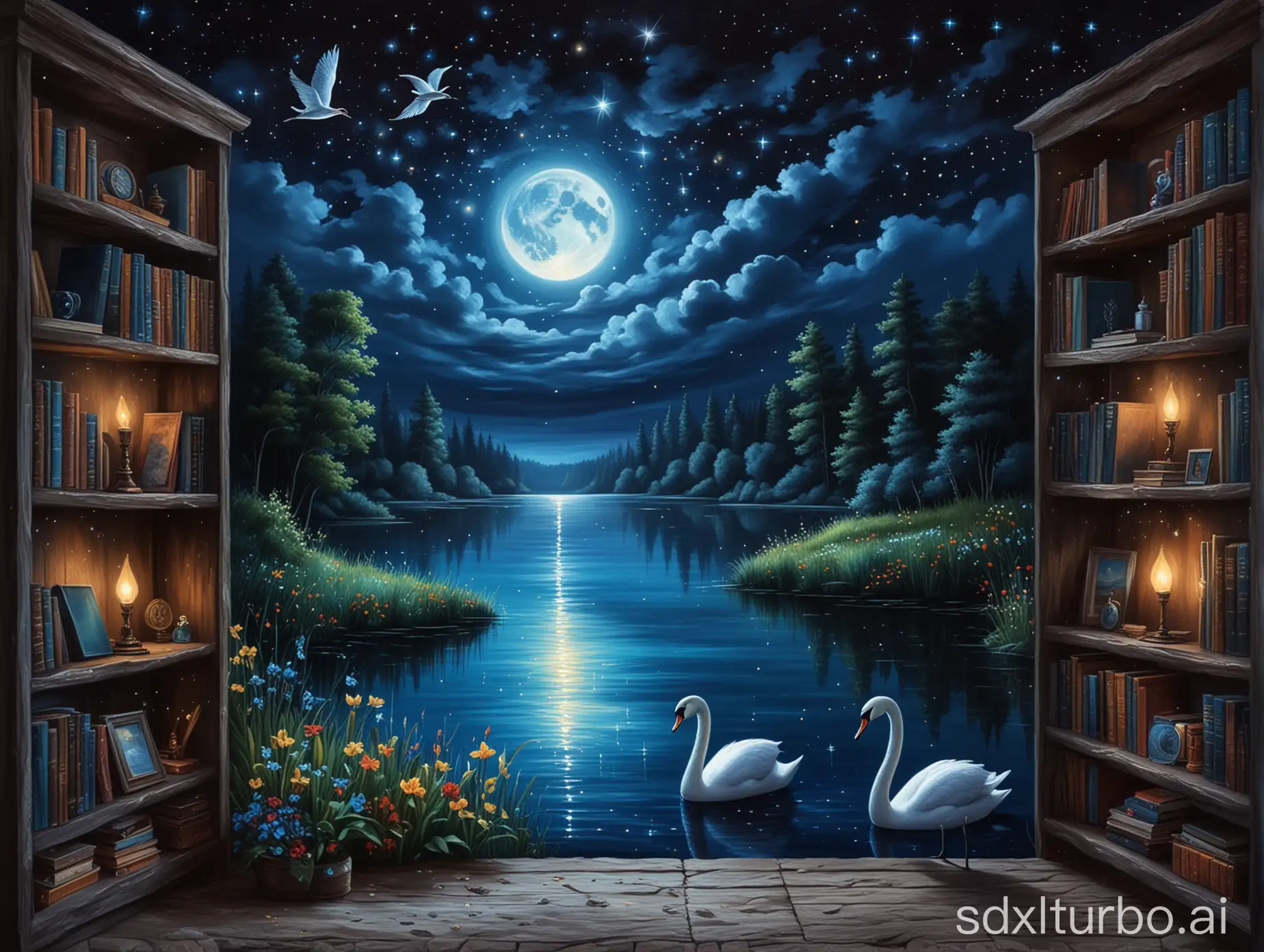 starry dark blue  night at the lake, shelf, full moon, swan, painting of light, colorful and magical lights