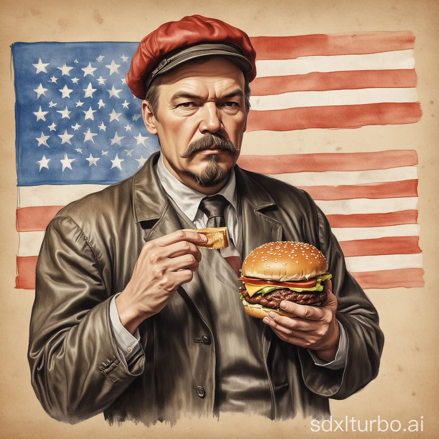 Draw a Lenin wearing a T-shirt with the American flag, wearing a capitalist hat, eating a hamburger.