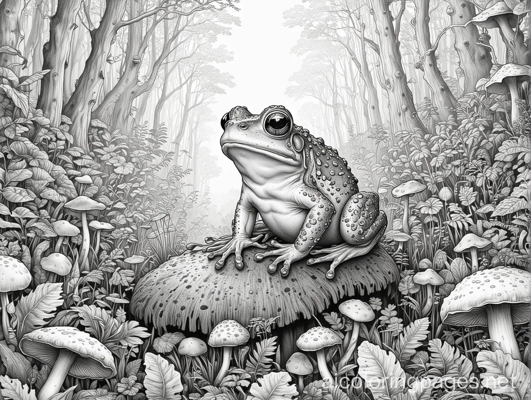 Mythographic single frog in mushroom forest 
, Coloring Page, black and white, line art, white background, Simplicity, Ample White Space. The background of the coloring page is plain white to make it easy for young children to color within the lines. The outlines of all the subjects are easy to distinguish, making it simple for kids to color without too much difficulty