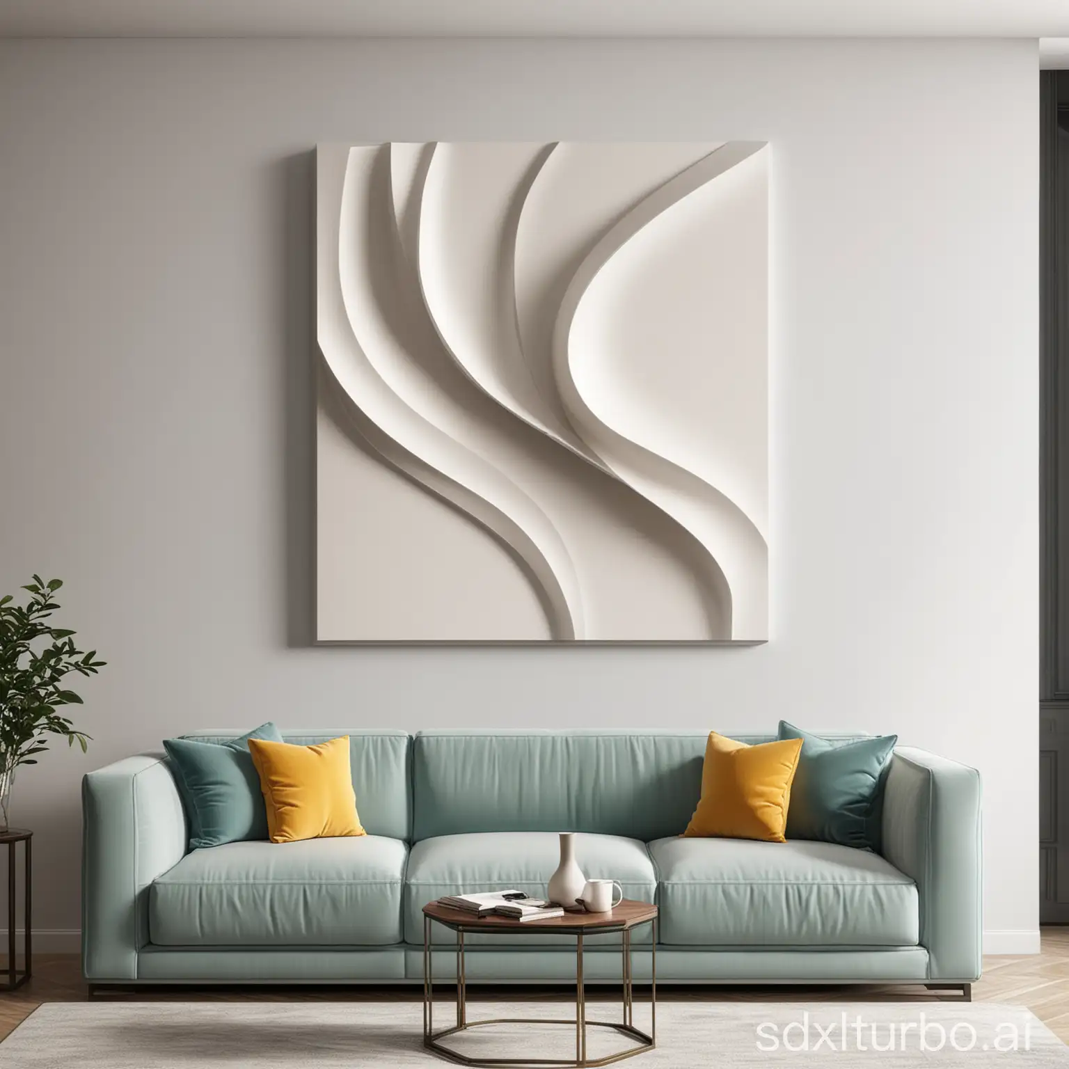 Abstract wall art, 3D sculpture, bold shape, background is living room, rectangle canvas,horizontal, smooth surface, living room, elegant minimalist design, modern home decor, real life, front view