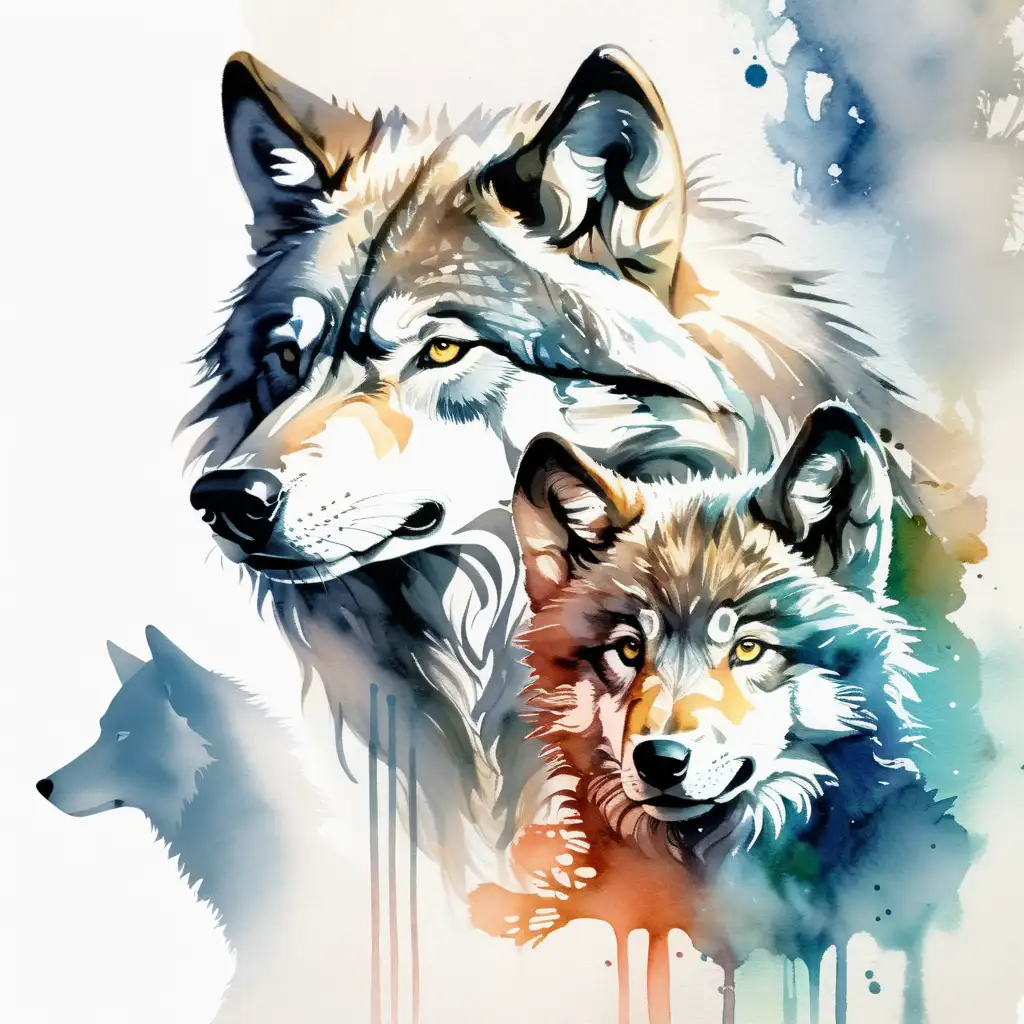Watercolor Double Exposure Majestic Wolf and Cub Portrait