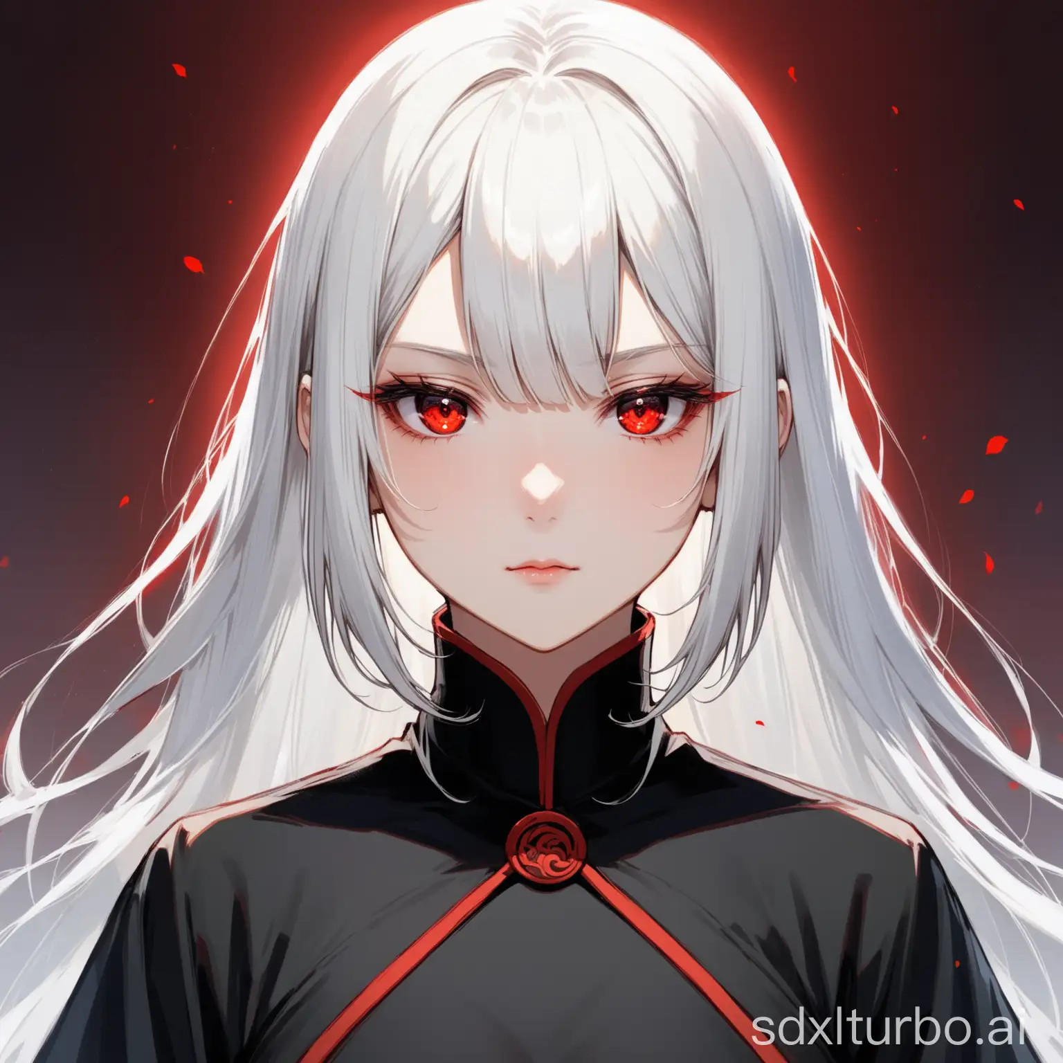 A mesmerizing white-haired red-eyed woman, with bangs styled in a Qi Liuhai haircut, dressed in black, somewhat distant, eyes slightly narrowed, gaze somewhat sharp and aloof.