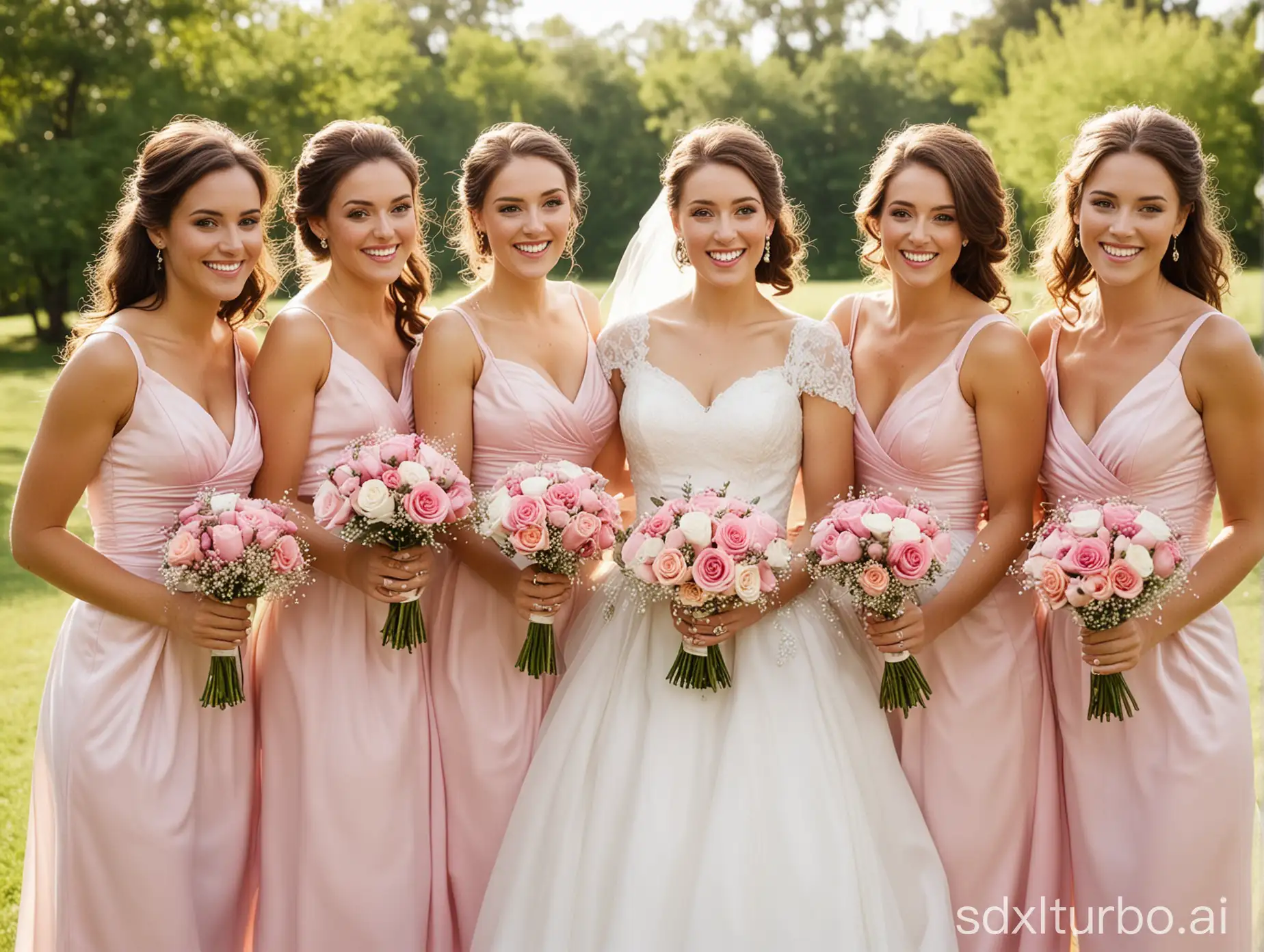 five young American women at a wedding, the bride in white wedding dress in the middle, smiling happily, the other four are bridesmaids wearing pink bridesmaid dresses holding bouquets, smiling happily, each person's face should be distinct, posture casual, background is grass, sunny, clear and sharp focus, high quality