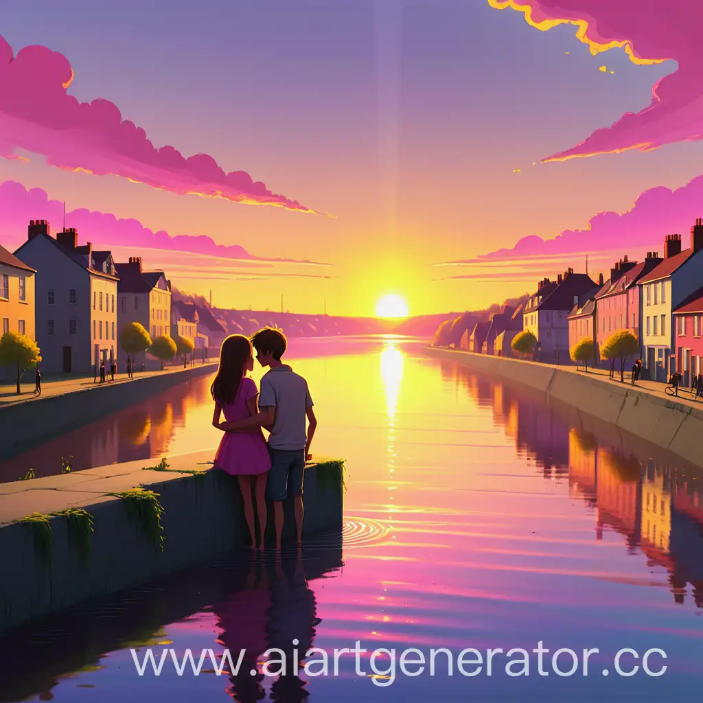 Romantic-Couple-Watching-Sunset-on-Embankment-in-Cartoon-Town