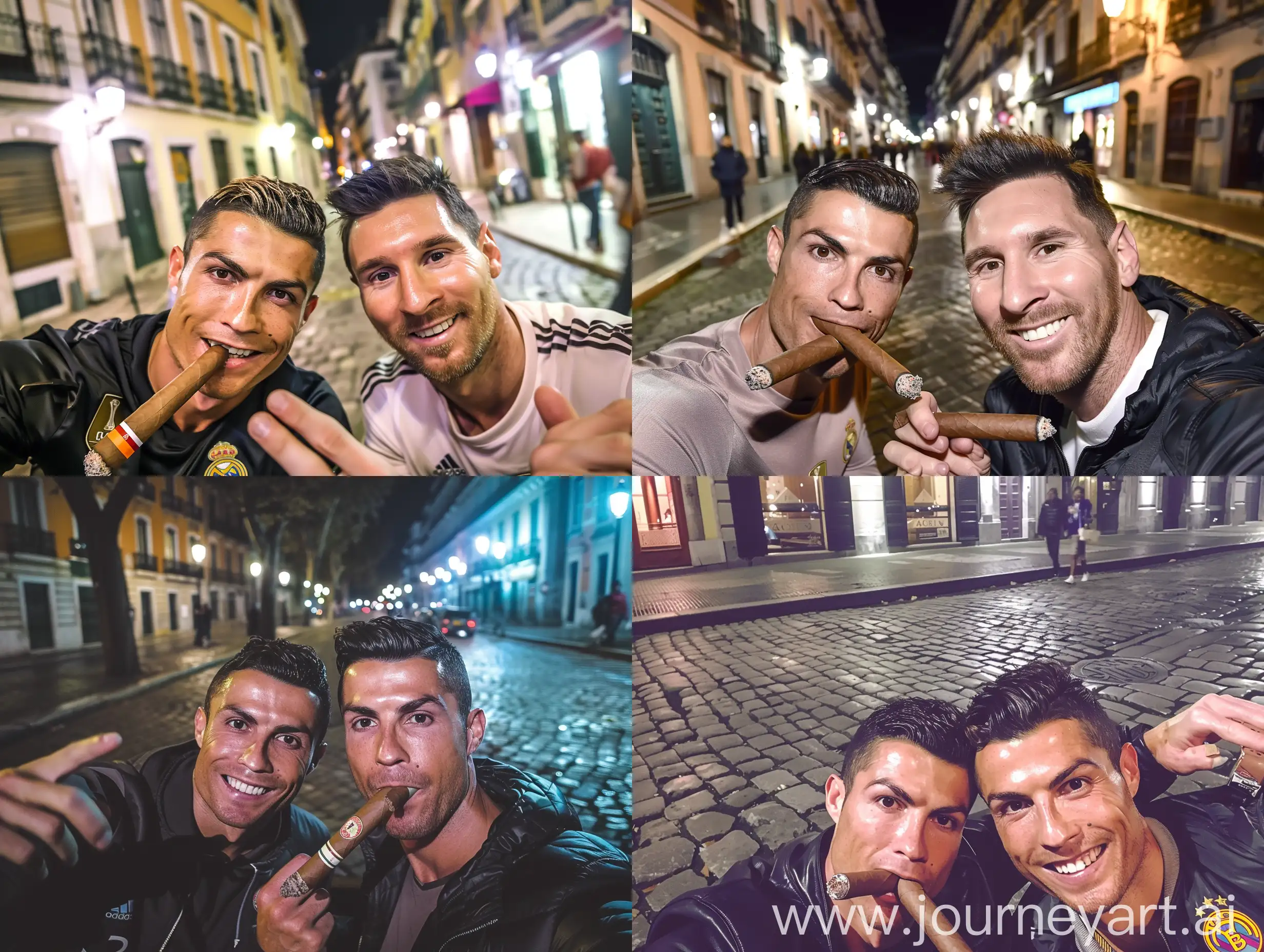 photo taken by a smartphone selfie front camera of cristiano ronaldo and lionel messi together with cigas. selfie, streets, night
