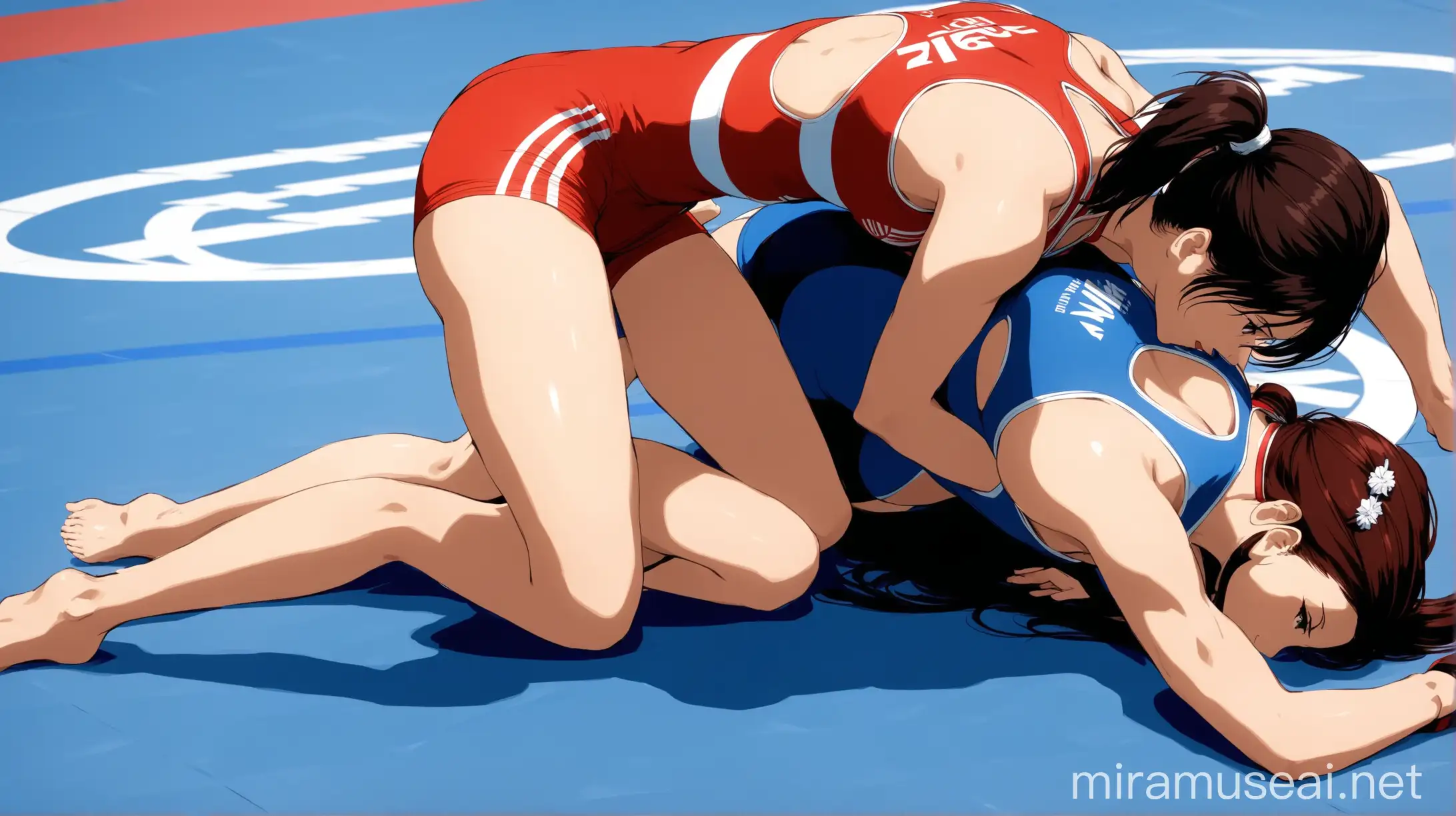 Female Freestyle Wrestling Athletes Grappling at Venue